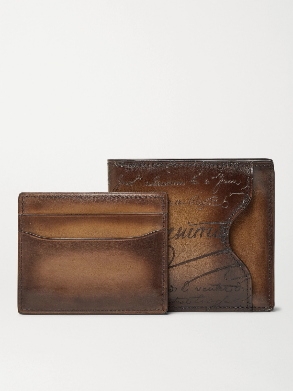 Shop Berluti Scritto Leather Billfold Wallet With Cardholder In Brown