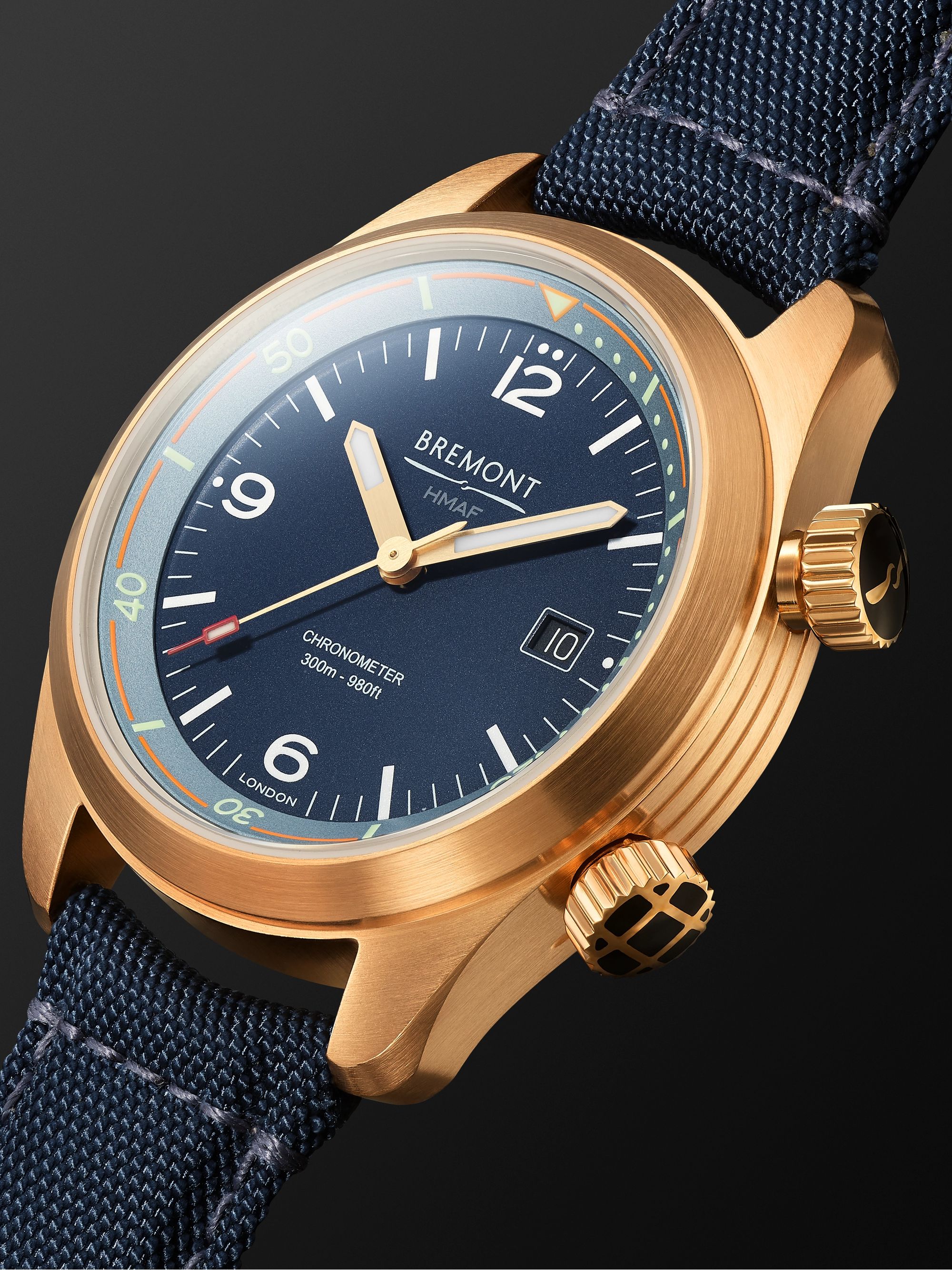 BREMONT Argonaut Automatic 42mm CuSn8 Bronze and Sailcloth Watch, Ref. ARGONAUT-BZ-BL-R-S