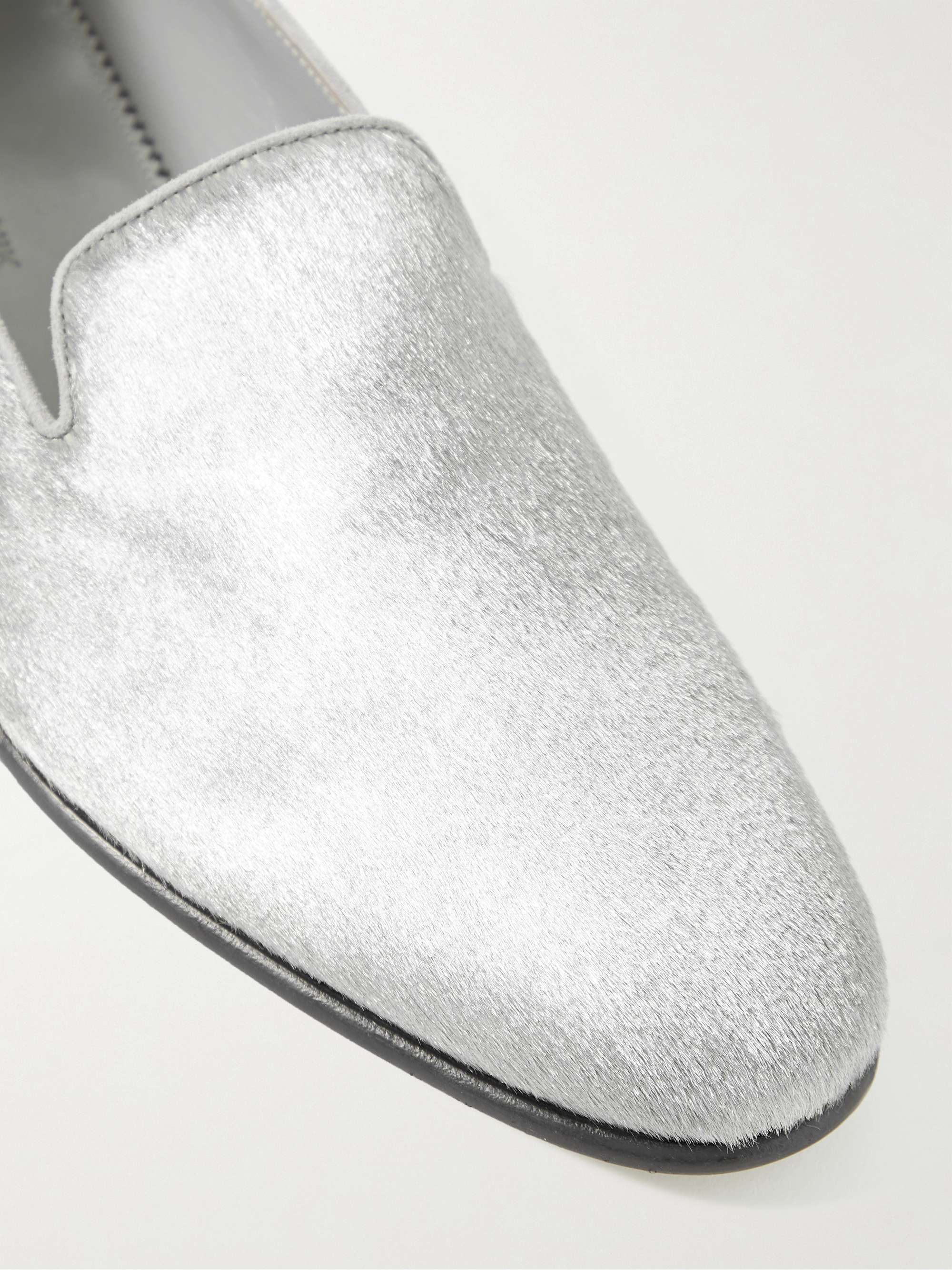 MANOLO BLAHNIK Mario Leather-Trimmed Metallic Calf Hair Loafers