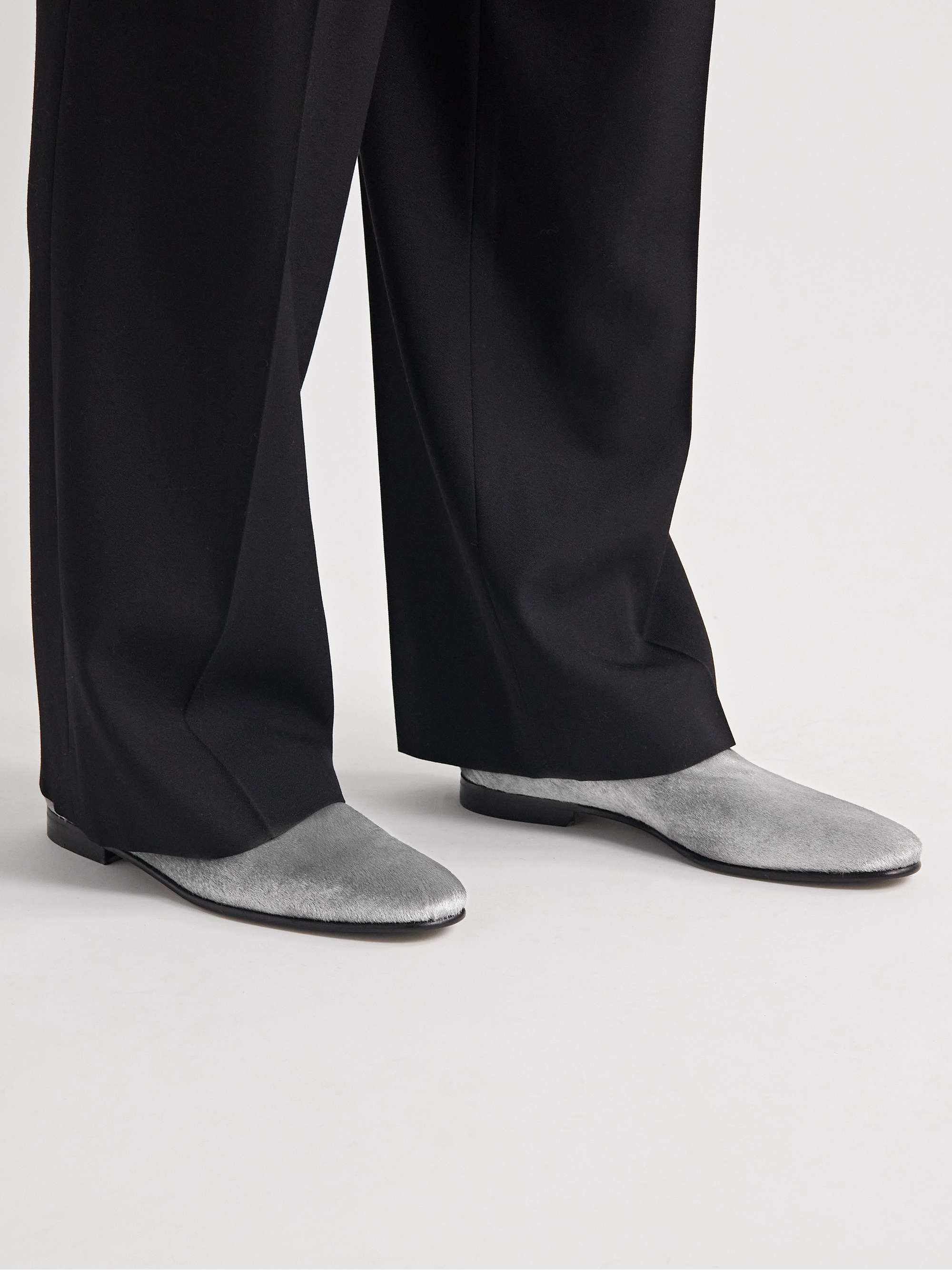 MANOLO BLAHNIK Mario Leather-Trimmed Metallic Calf Hair Loafers