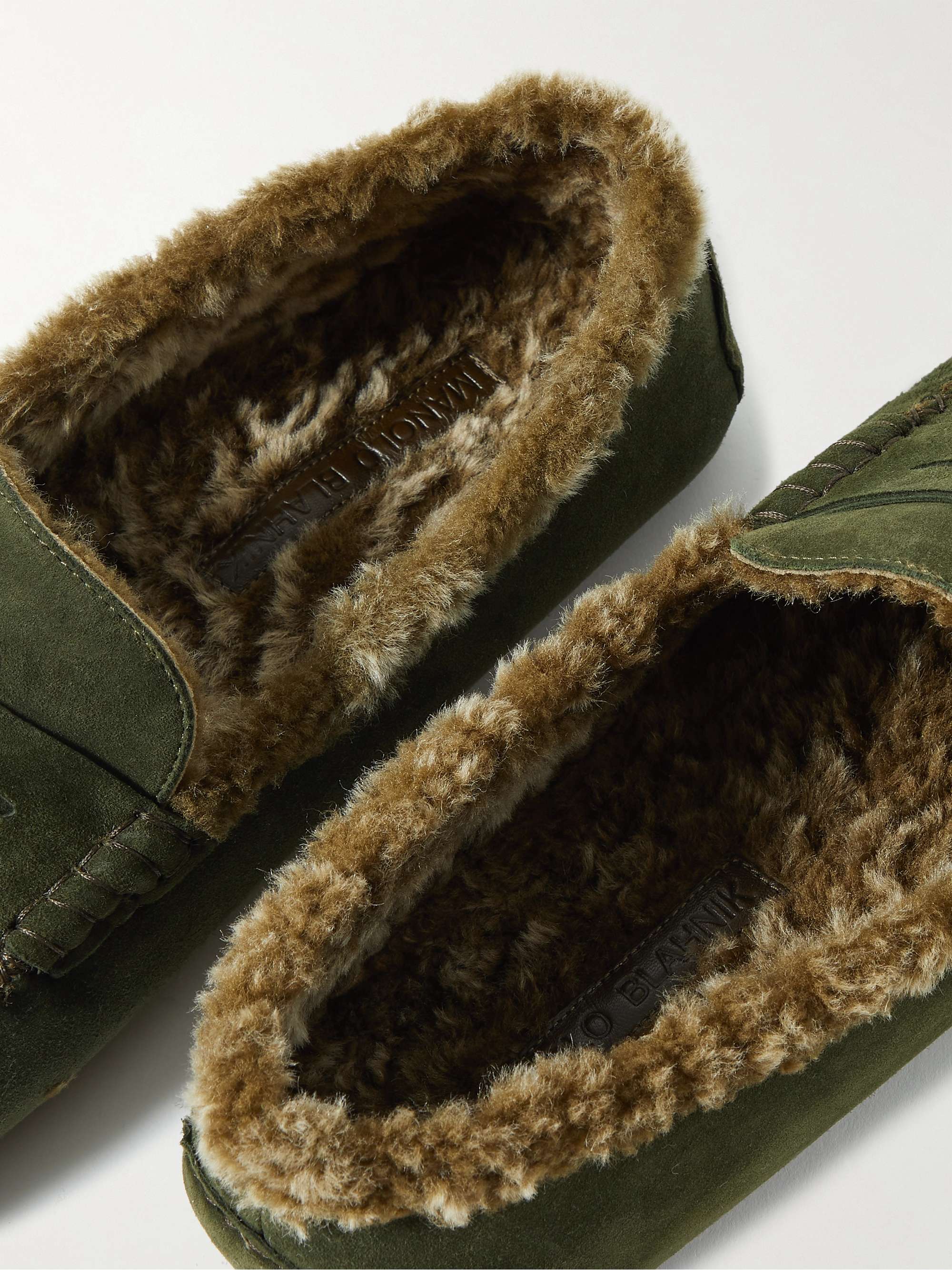 MANOLO BLAHNIK Kensington Shearling-Lined Suede Slippers