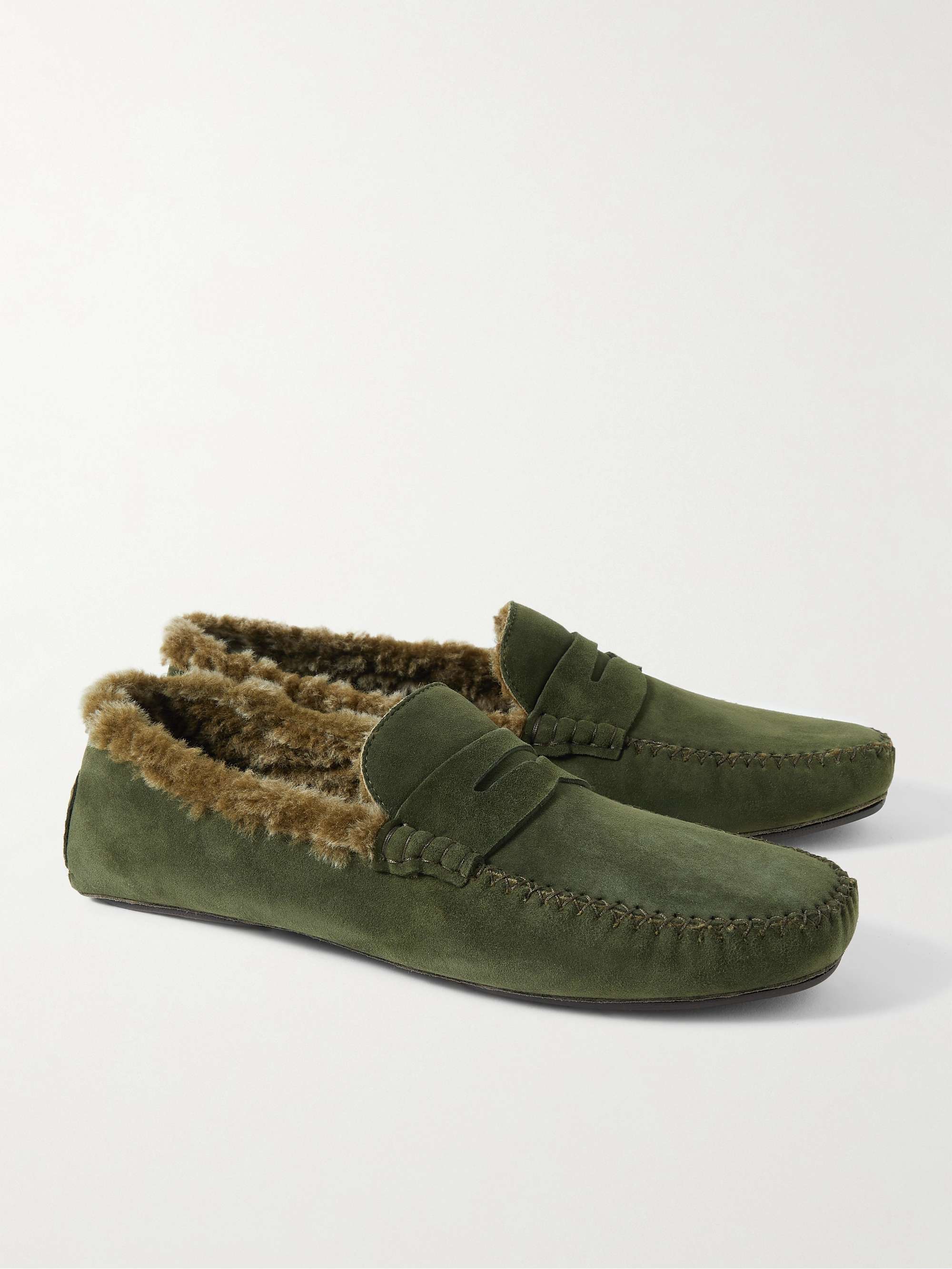 MANOLO BLAHNIK Kensington Shearling-Lined Suede Slippers