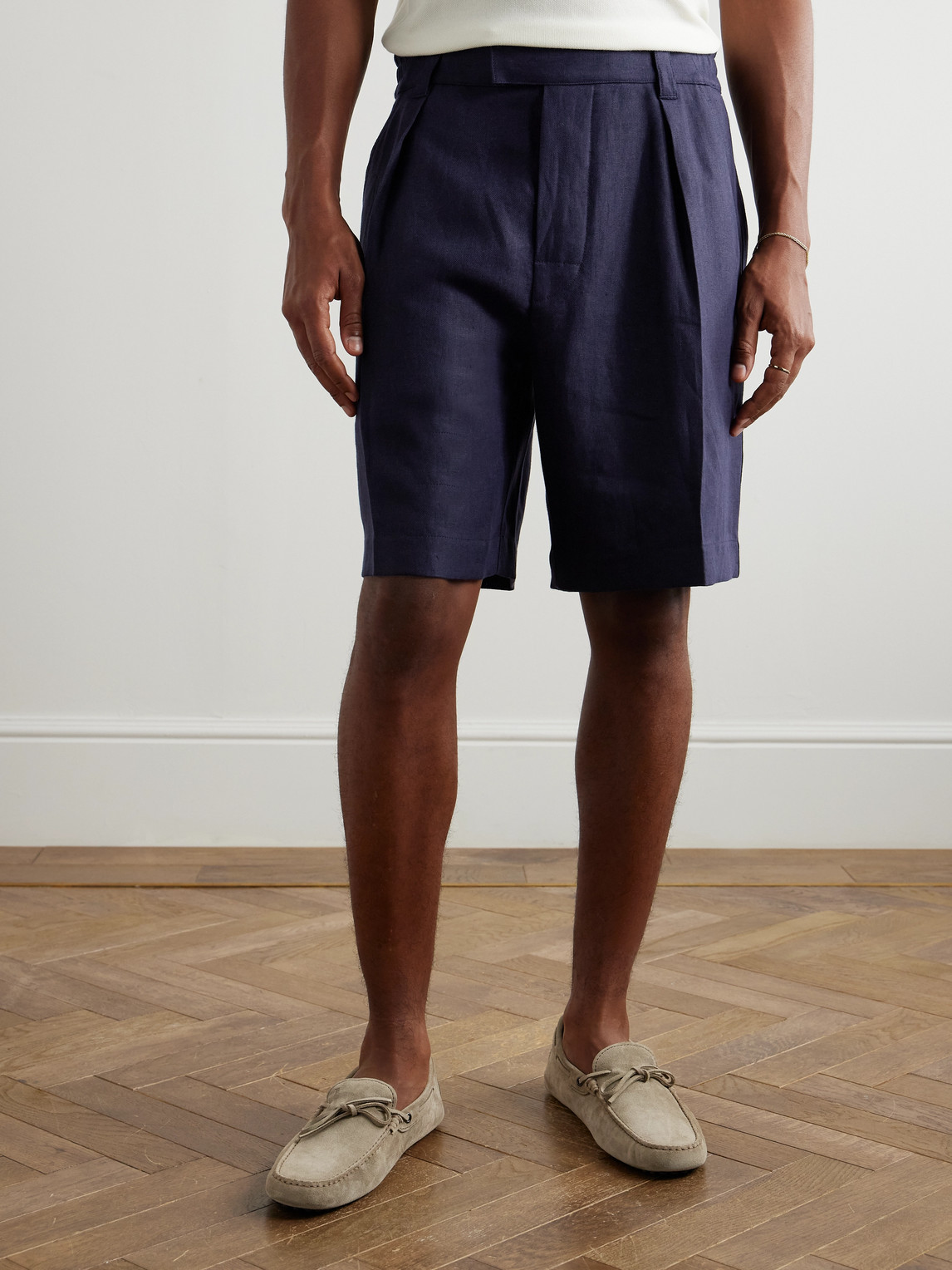 Loro Piana Reinga Wide-leg Pleated Linen-twill Bermuda Shorts In Blue