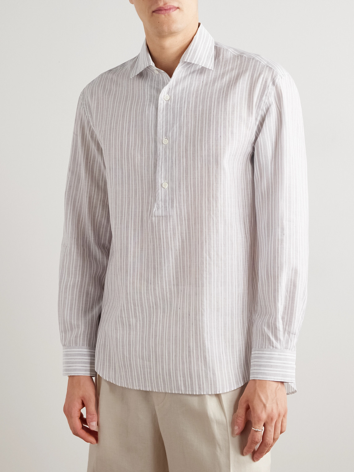 Loro Piana Raffaele Striped Cotton And Linen-blend Half-placket Shirt In White