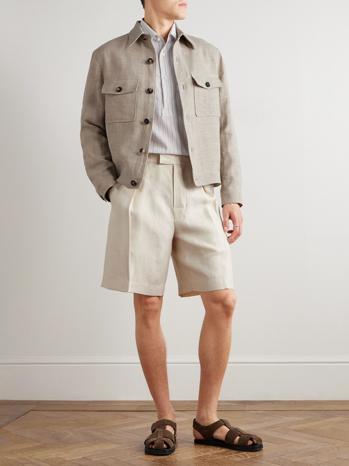 Loro Piana Raffaele Striped Cotton And Linen-blend Half-placket Shirt In White