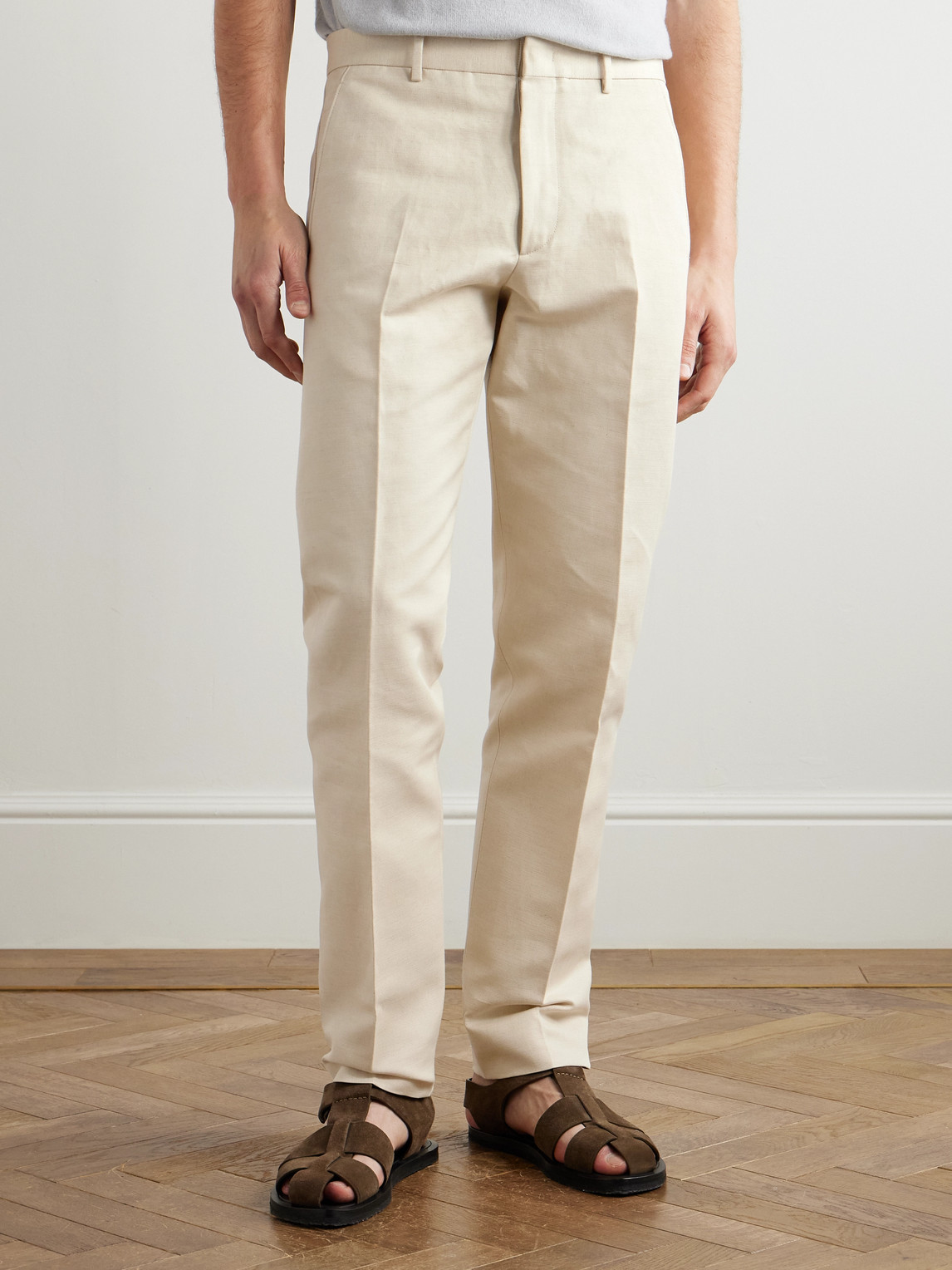 Loro Piana Cedric Tapered Cotton And Linen-blend Canvas Trousers In Neutrals
