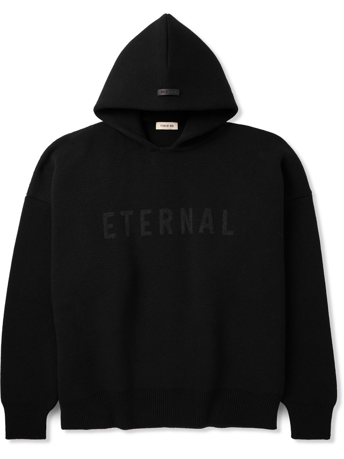 Fear Of God Eternal Oversized Logo-jacquard Merino Wool Hoodie In Black