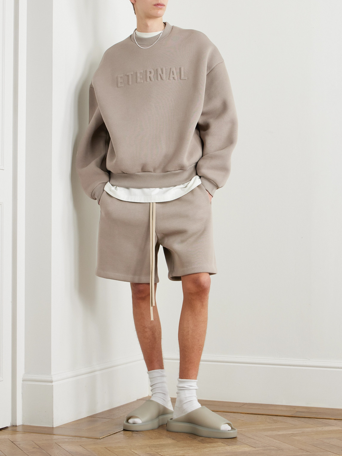 Fear Of God Eternal Beige Crewneck T-shirt With Dropped Shoulders And Tonal Embroidery On The Front In Cotton Bl In Brown