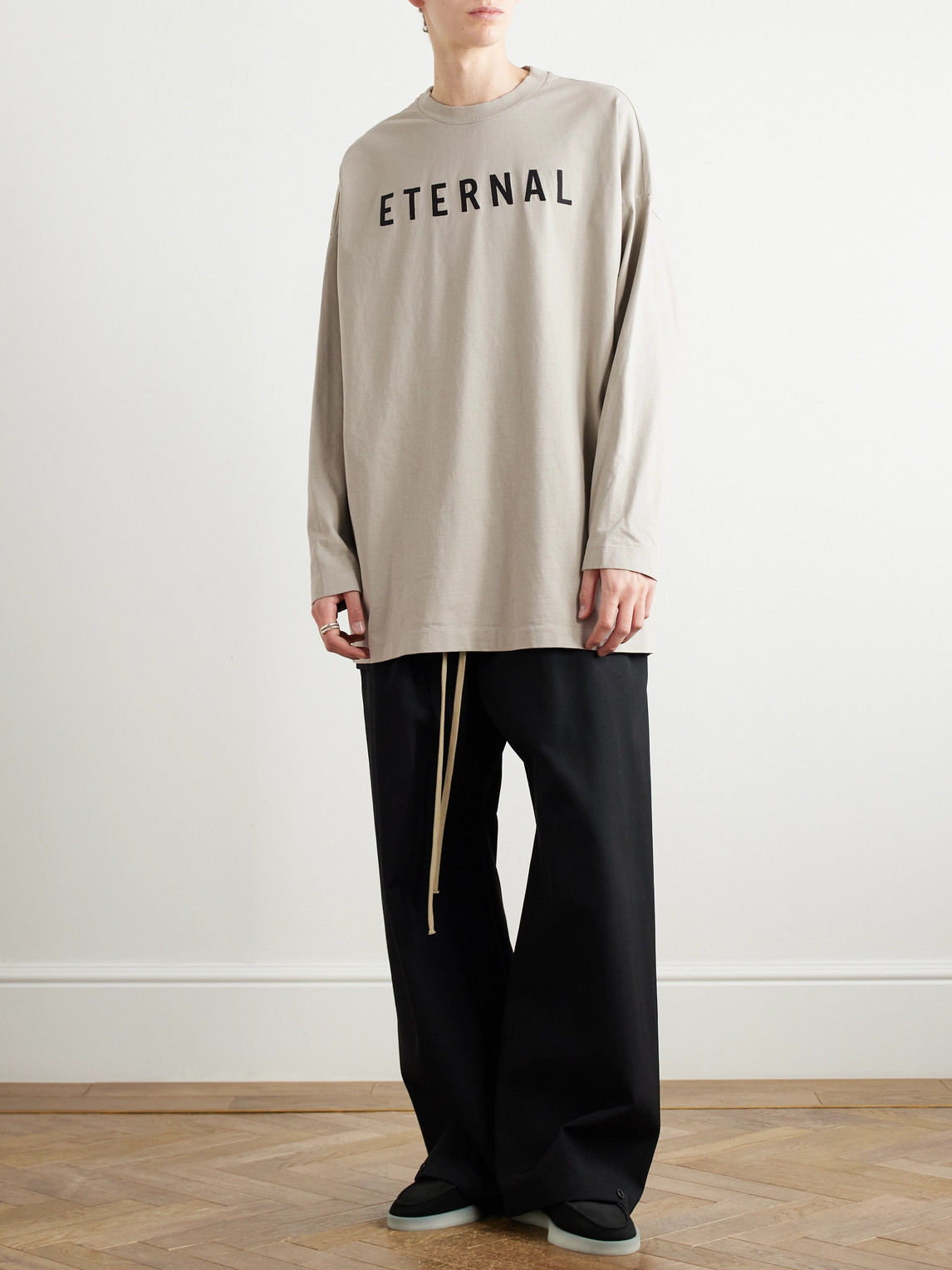 Shop Fear Of God Eternal Oversized Logo-flocked Cotton-jersey T-shirt In Gray