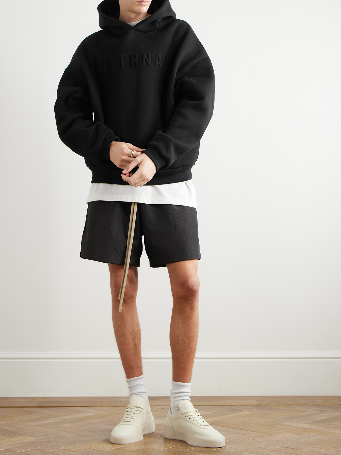 FEAR OF GOD WIDE-LEG LOGO-APPLIQUÉD TEXTURED-SHELL DRAWSTRING SHORTS