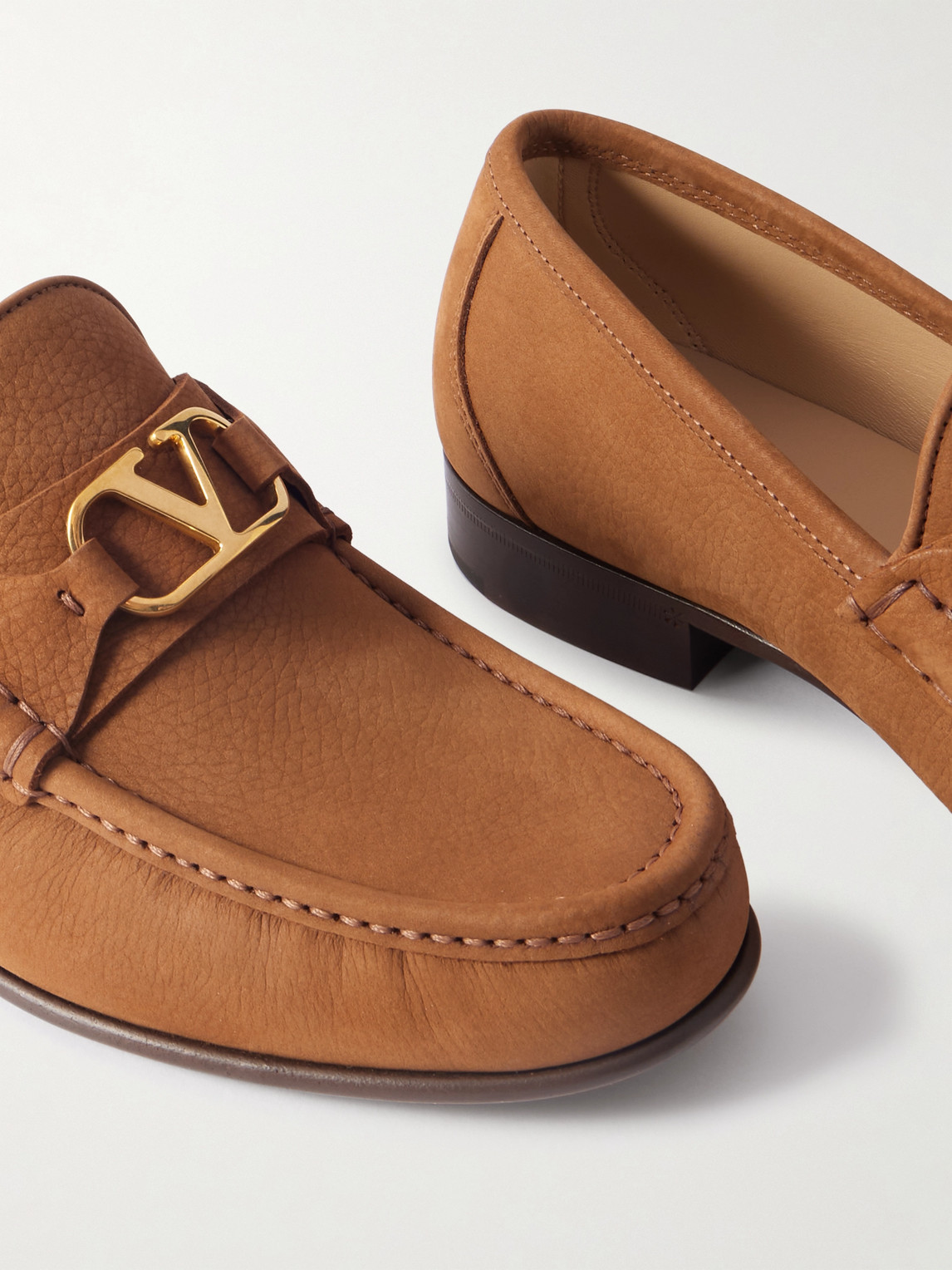 Valentino V-logo Embellished Full-grain Nubuck Loafers In Brown
