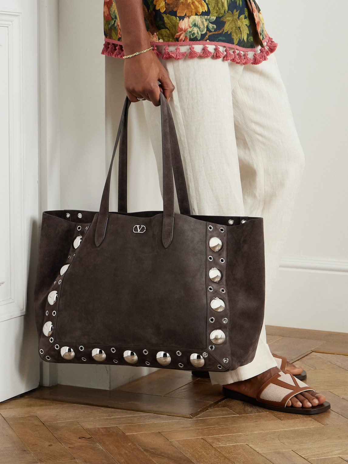 Valentino Nellcôte Embellished Suede Tote Bag In Brown