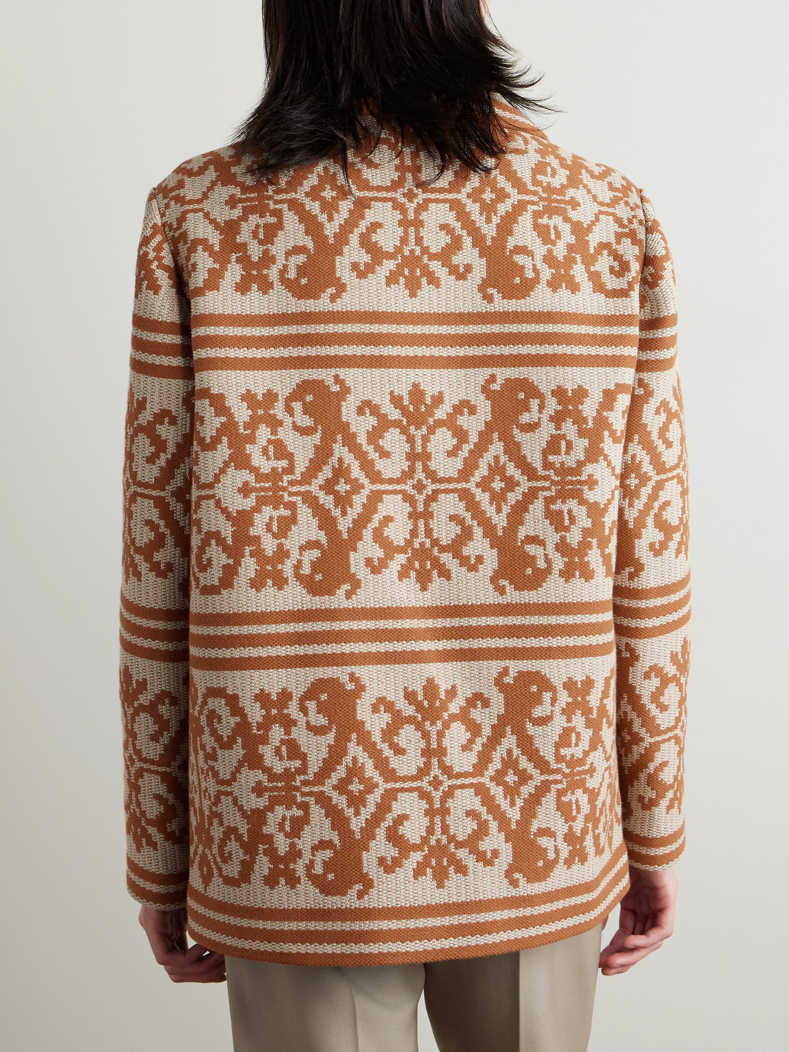 Valentino Shawl-collar Cotton And Linen-blend Jacquard Cardigan In Brown