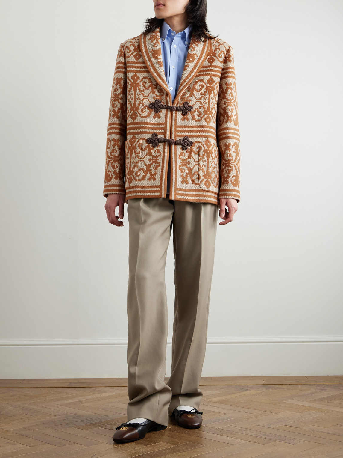 Valentino Shawl-collar Cotton And Linen-blend Jacquard Cardigan In Brown
