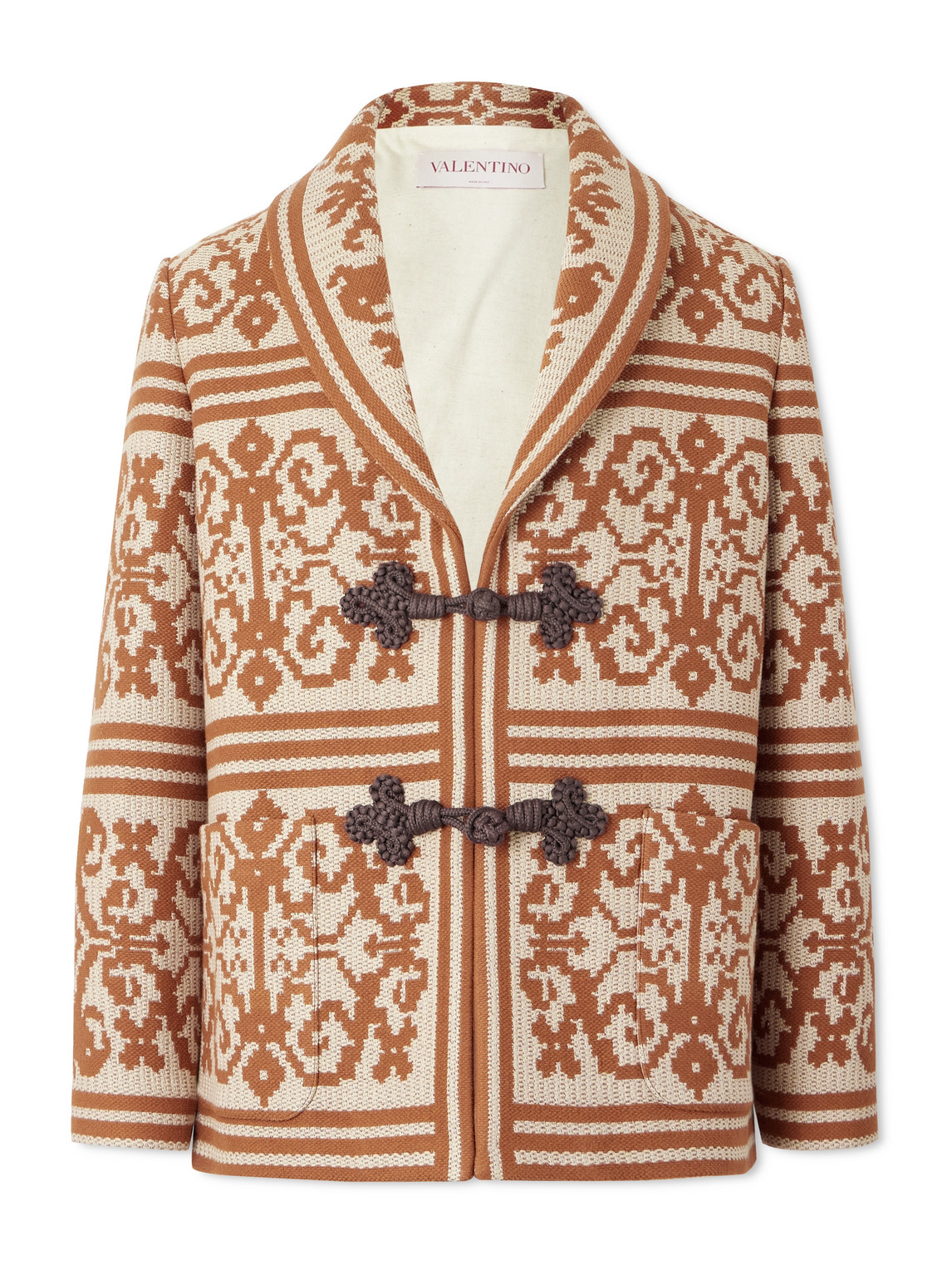 Valentino Shawl-collar Cotton And Linen-blend Jacquard Cardigan In Brown