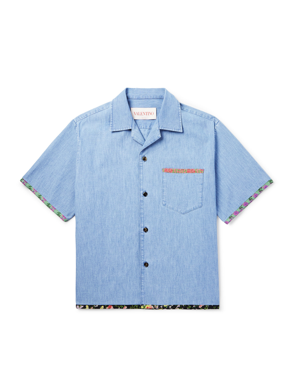 Valentino Camp-collar Floral-trimmed Denim Shirt