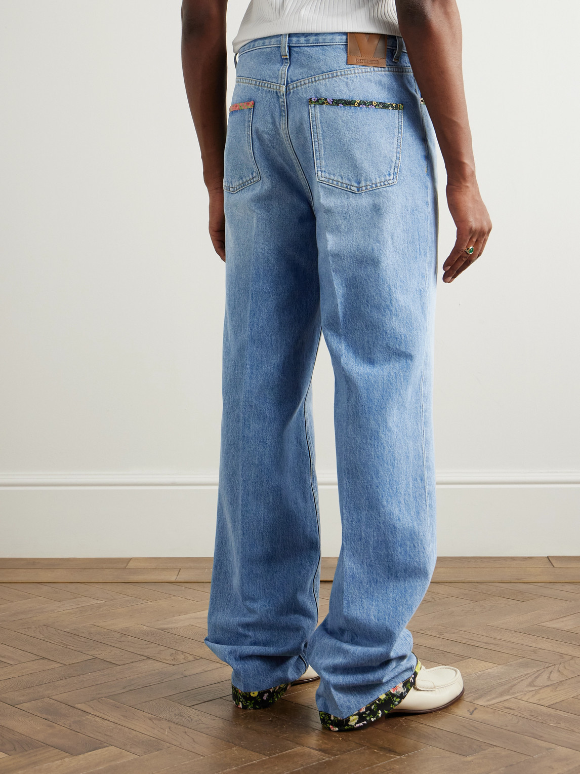 Valentino Denim Trousers With Floral Print Hem In Blue