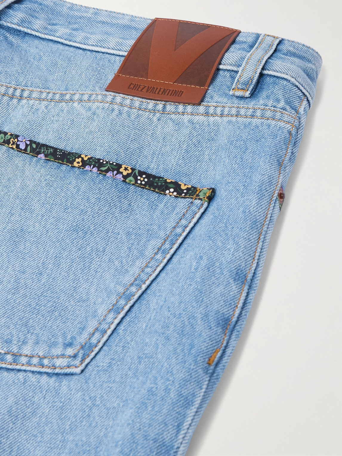 Valentino Denim Trousers With Floral Print Hem In Blue