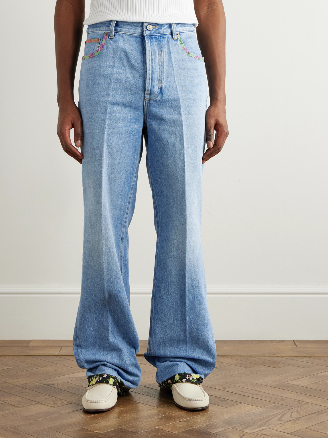 Valentino Denim Trousers With Floral Print Hem In Blue