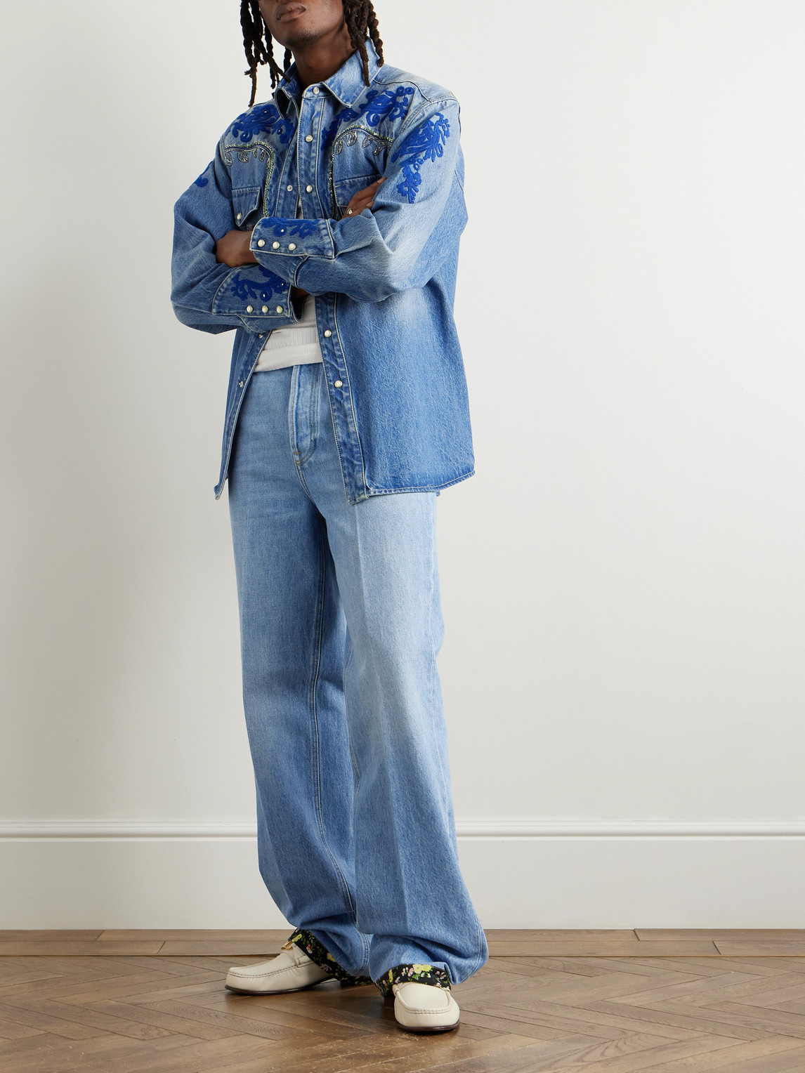Valentino Denim Trousers With Floral Print Hem In Blue