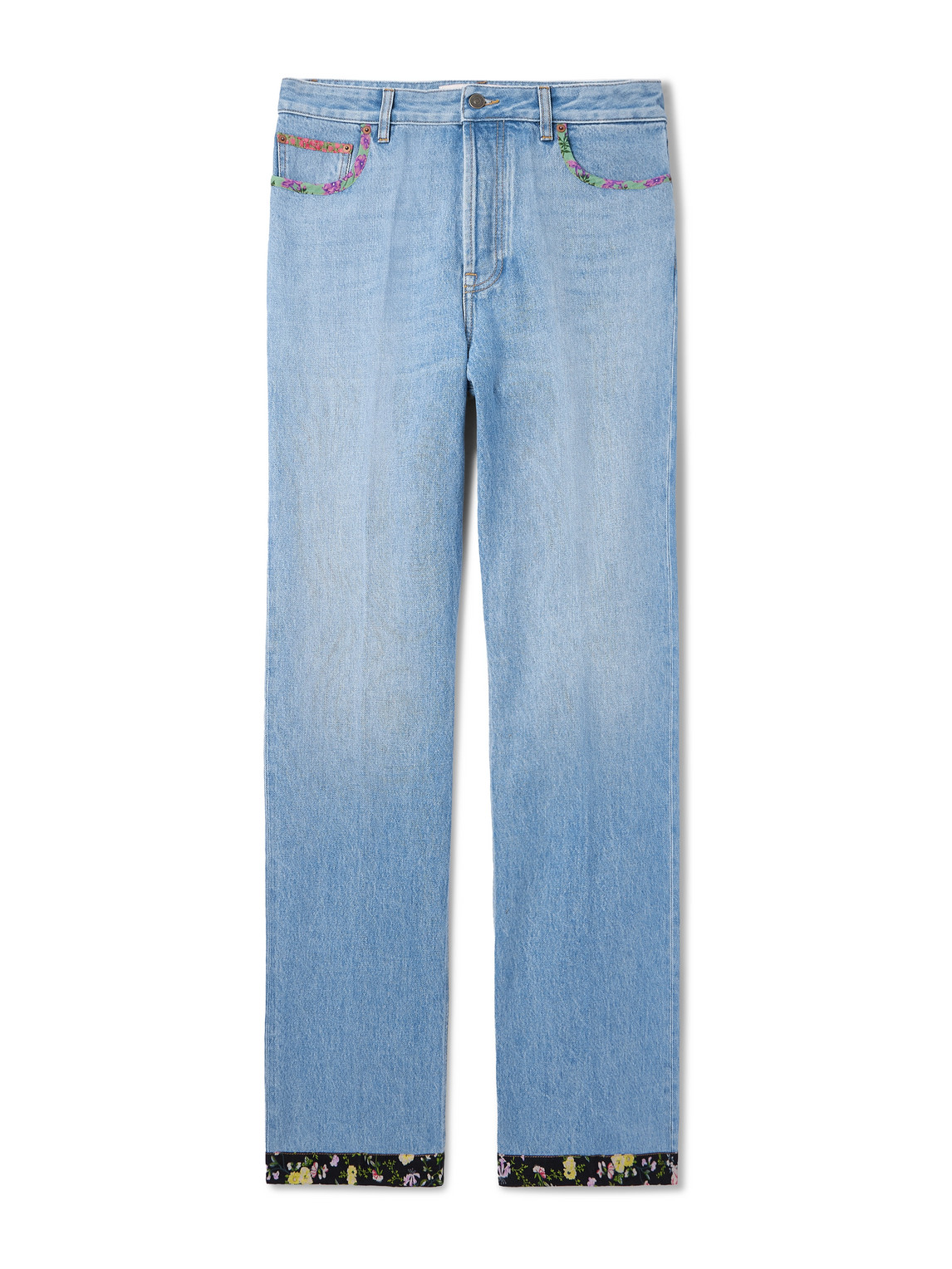 Valentino Denim Trousers With Floral Print Hem In Blue