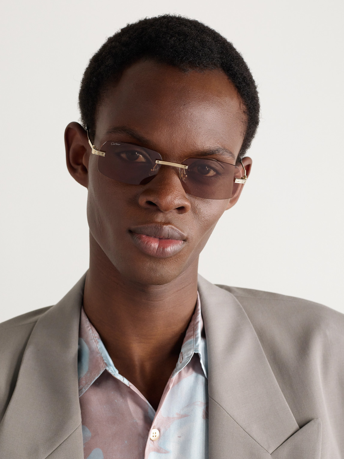 Cartier Rimless Rectangular-frame Gold-tone Sunglasses In Brown