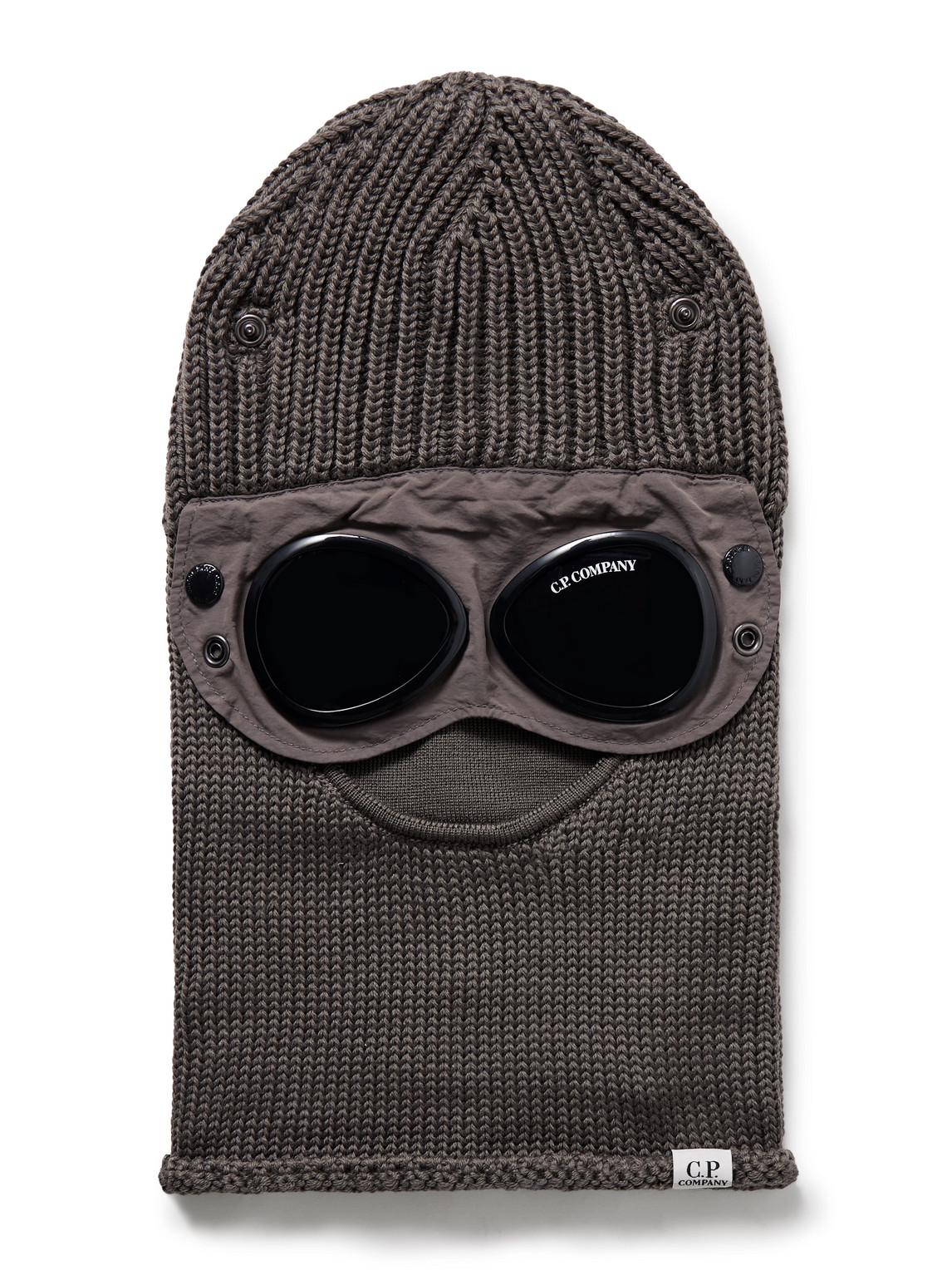 C.p. Company Goggle-embellished Shell-trimmed Ribbed Wool Balaclava In Green
