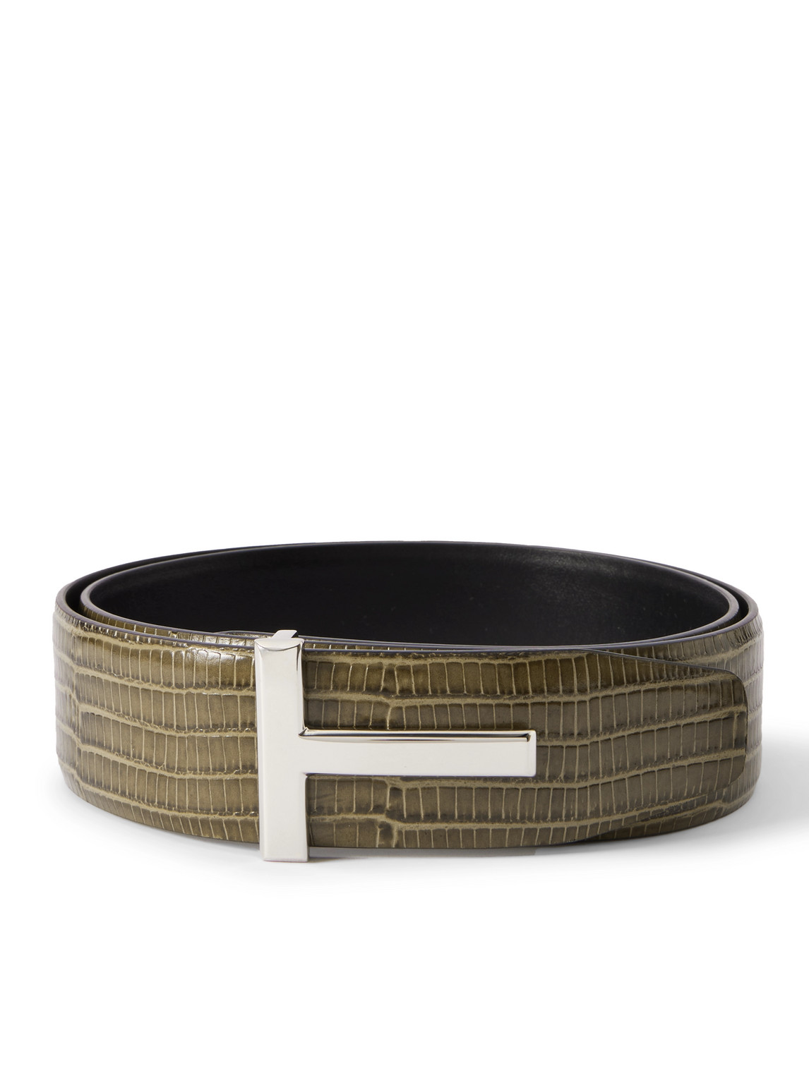 Tom Ford 4cm Reversible Croc-effect Leather Belt In Green