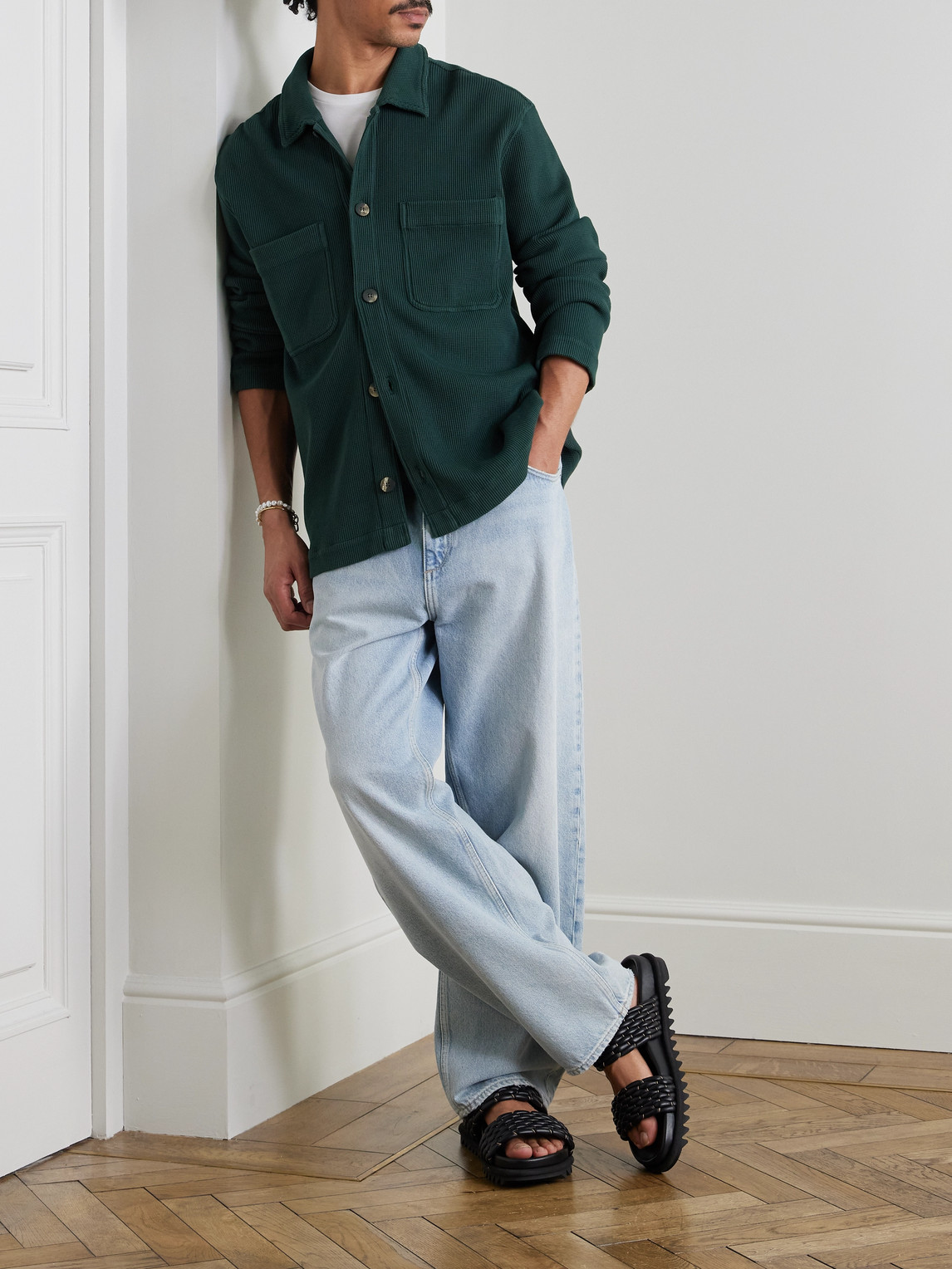 Frescobol Carioca Preto Waffle-knit Cotton Overshirt In Green