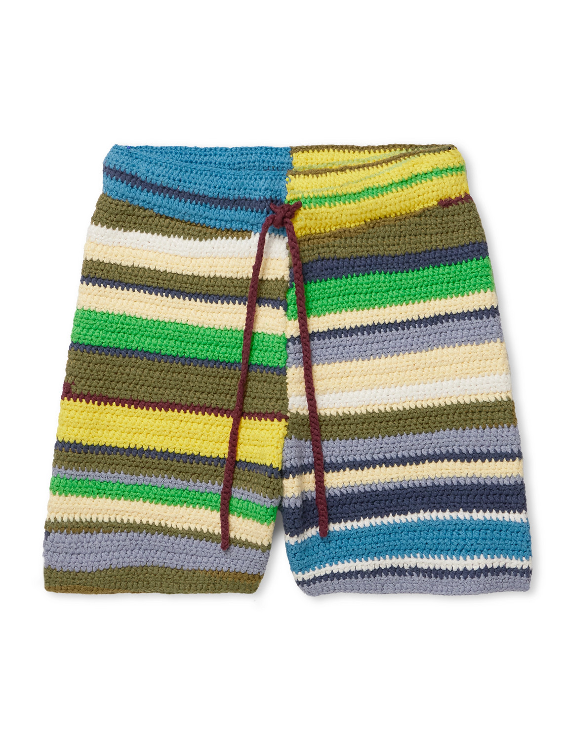 Straight-Leg Striped Crocheted Organic Cotton Drawstring Shorts