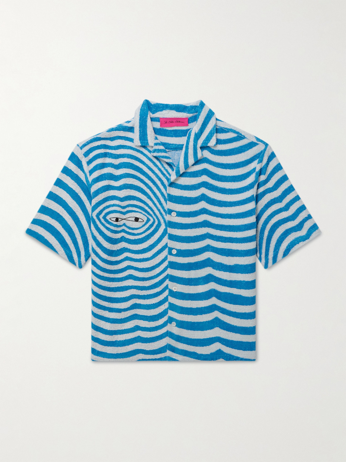 Camp-Collar Embroidered Striped Organic Cotton-Terry Shirt