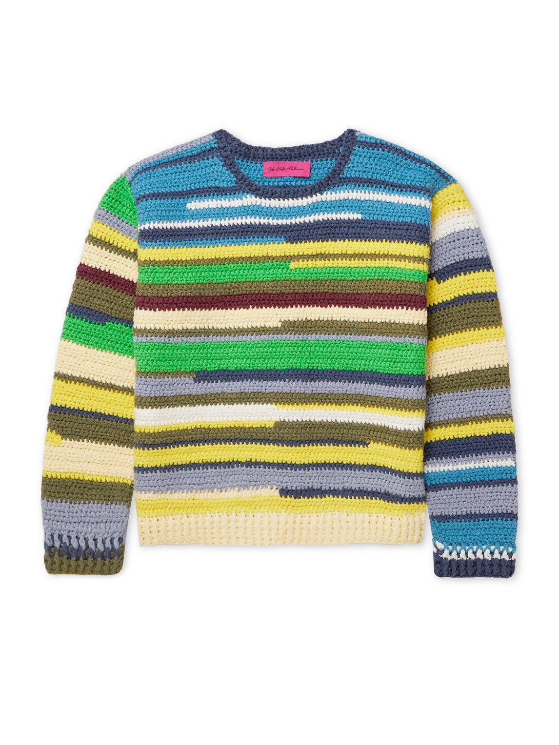 The Elder Statesman Striped Crocheted Organic Cotton Sweater In Yellow