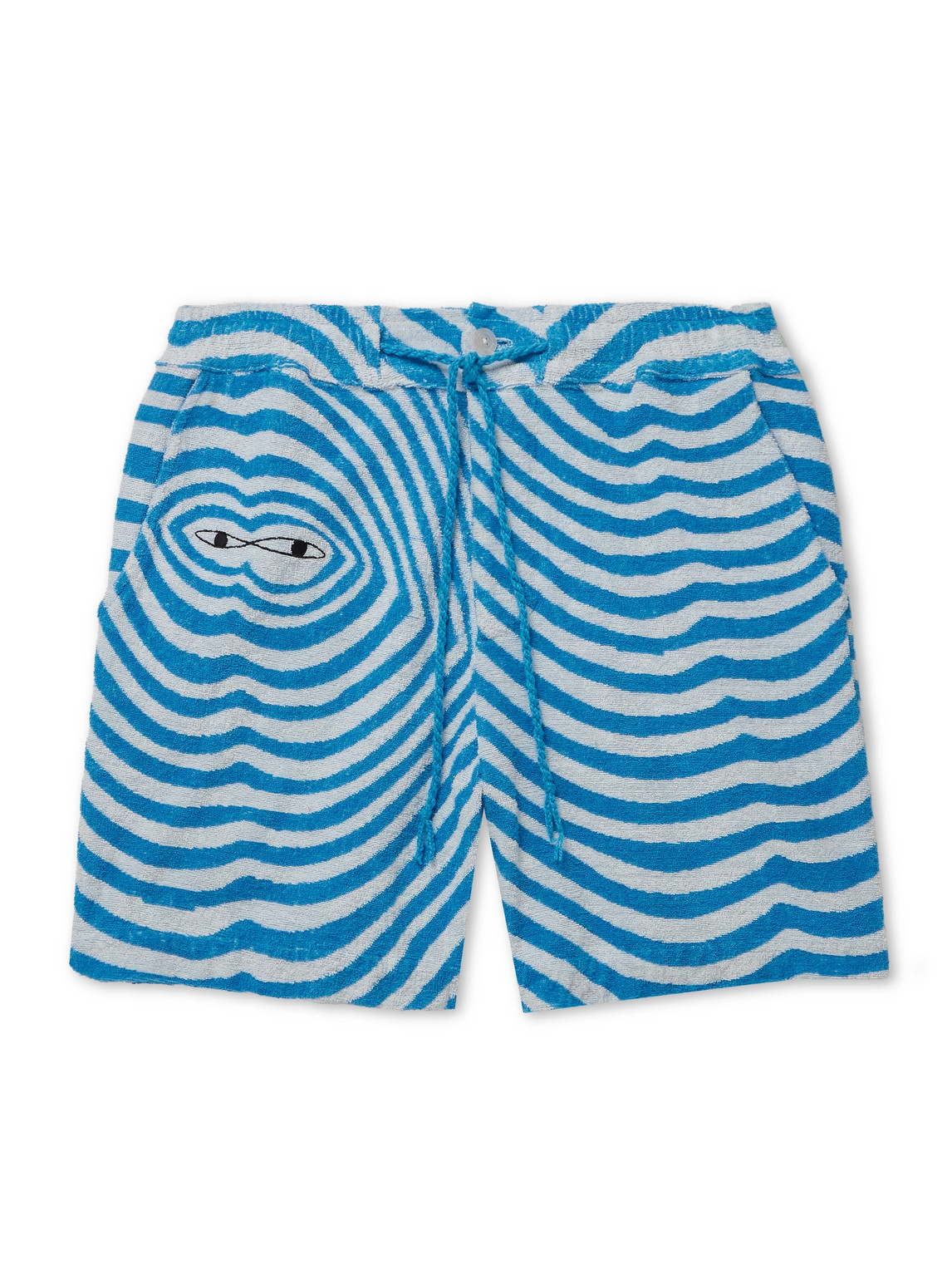 Straight-Leg Embroidered Striped Organic Cotton-Terry Drawstring Shorts