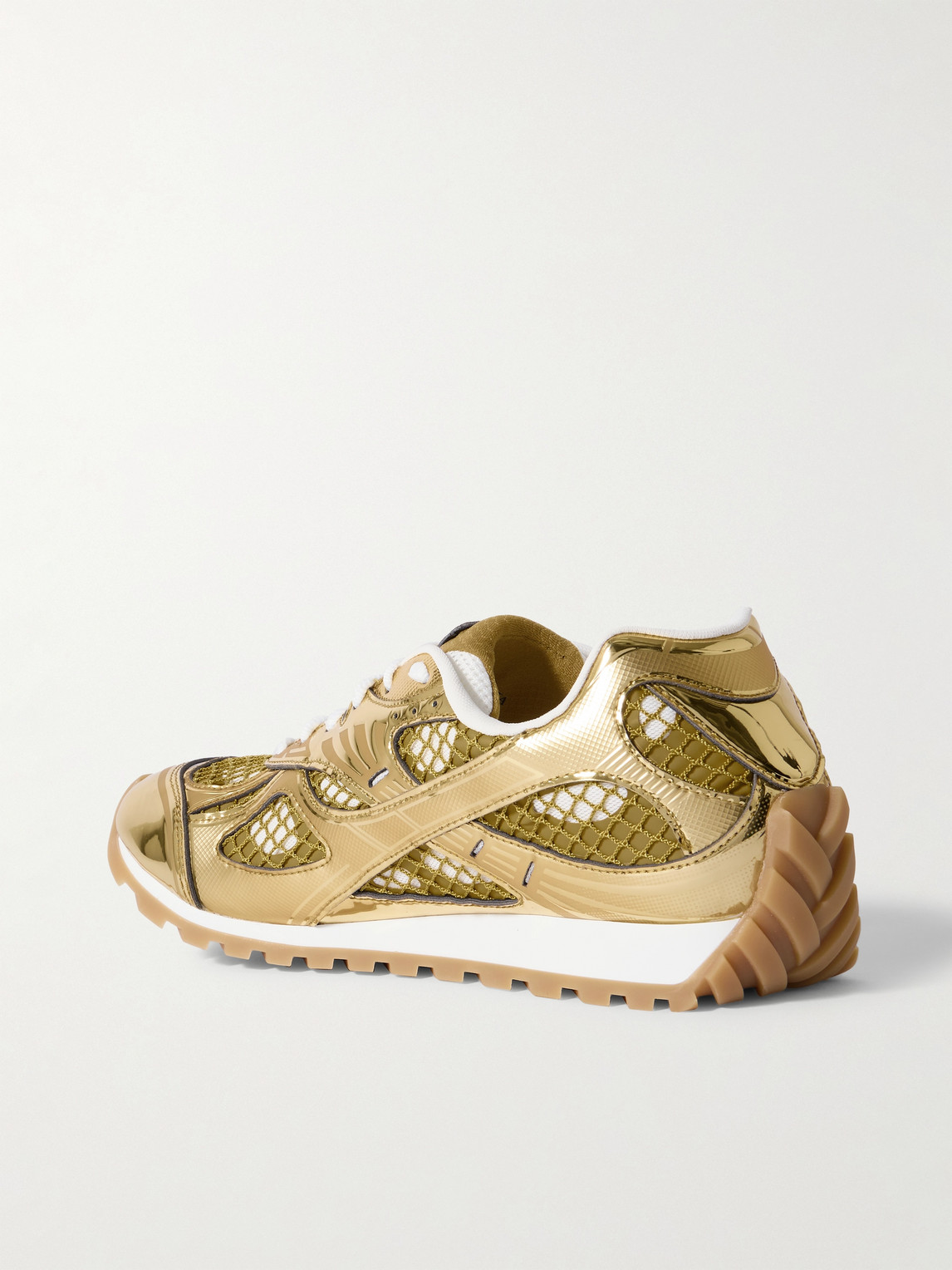 Shop Bottega Veneta Orbit Metallic Rubber And Mesh Sneakers In Gold