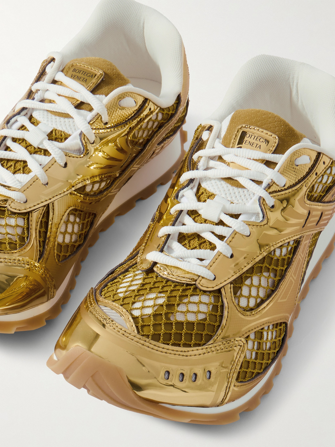 Shop Bottega Veneta Orbit Metallic Rubber And Mesh Sneakers In Gold