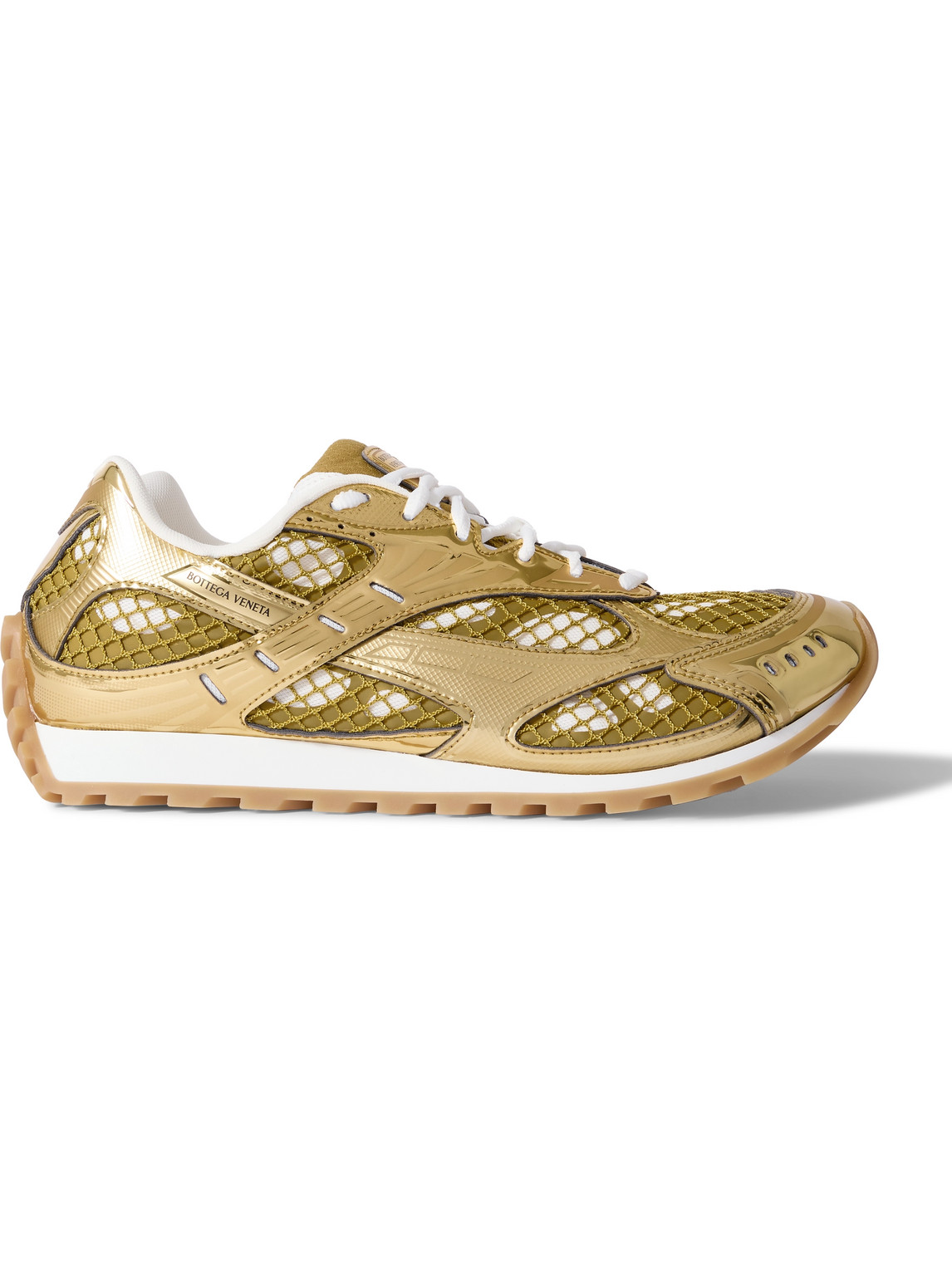 Shop Bottega Veneta Orbit Metallic Rubber And Mesh Sneakers In Gold