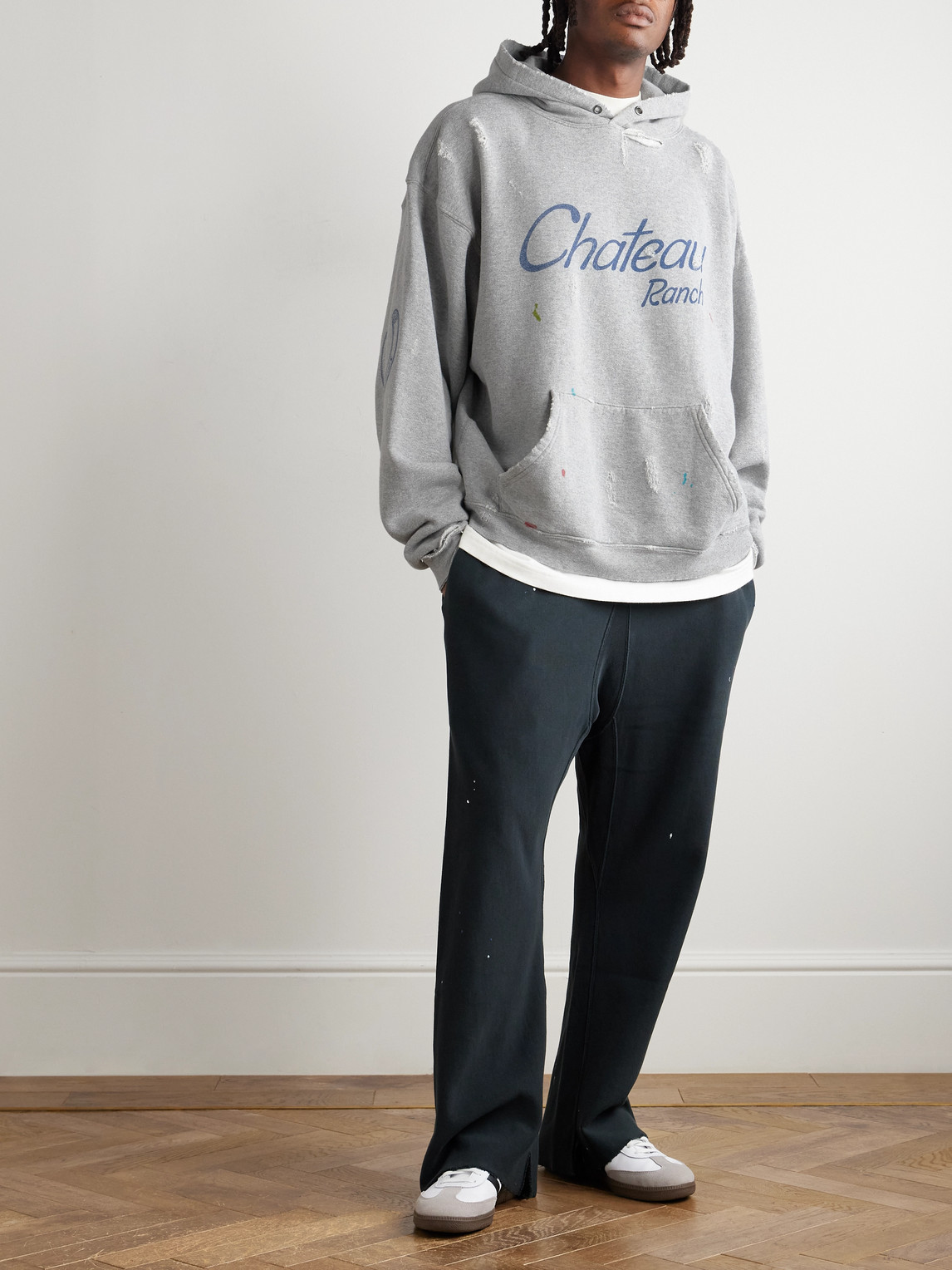 Gallery Dept. Chateau Ranch Distressed Paint-splattered Printed Cotton-blend Jersey Hoodie In Gray