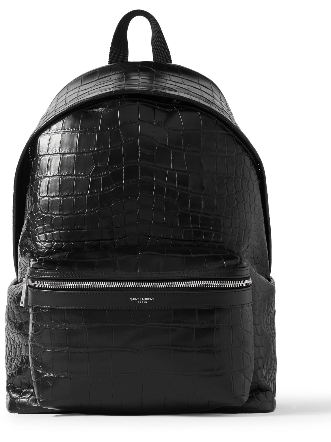Saint Laurent City Croc-effect Glossed-leather Backpack In Black