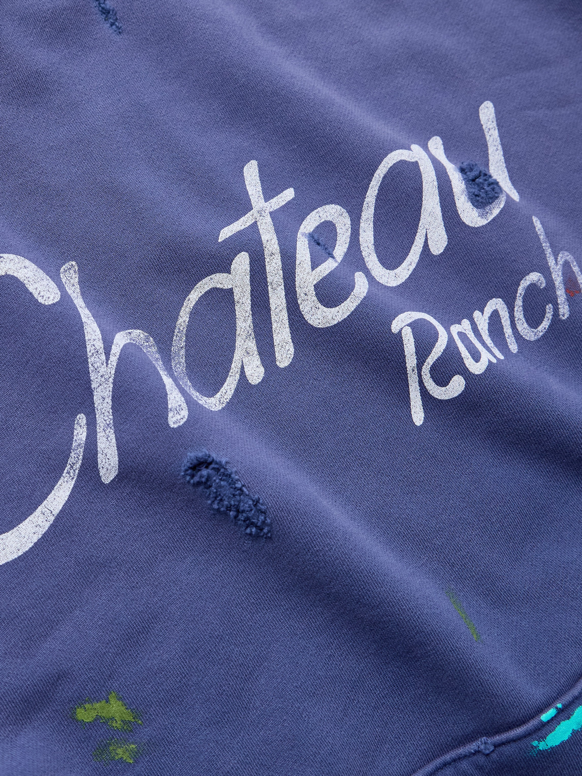 Gallery Dept. Chateau Ranch Distressed Paint-splattered Logo-print Supima Cotton-jersey Hoodie In Blue