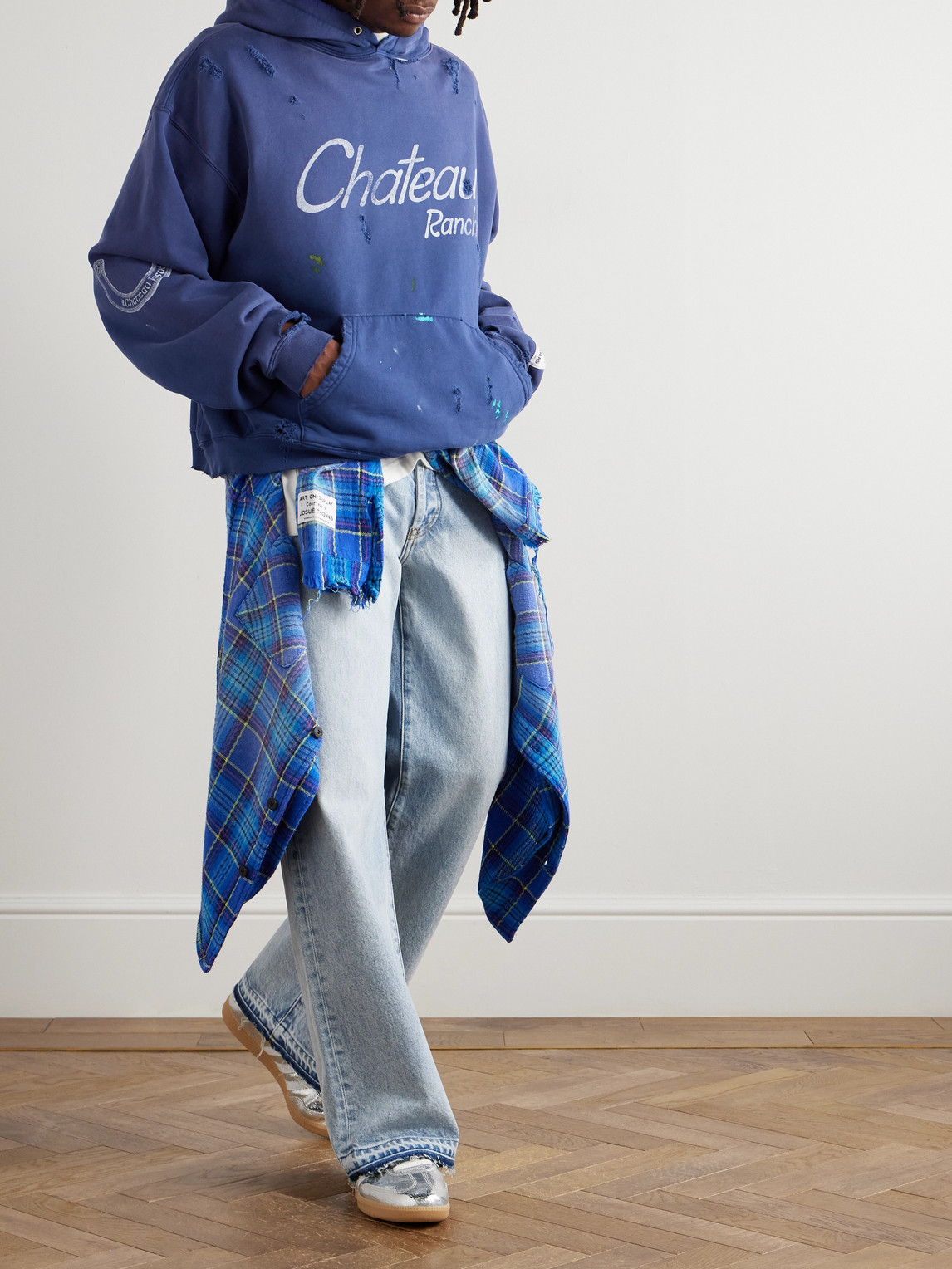 Gallery Dept. Chateau Ranch Distressed Paint-splattered Logo-print Supima Cotton-jersey Hoodie In Blue