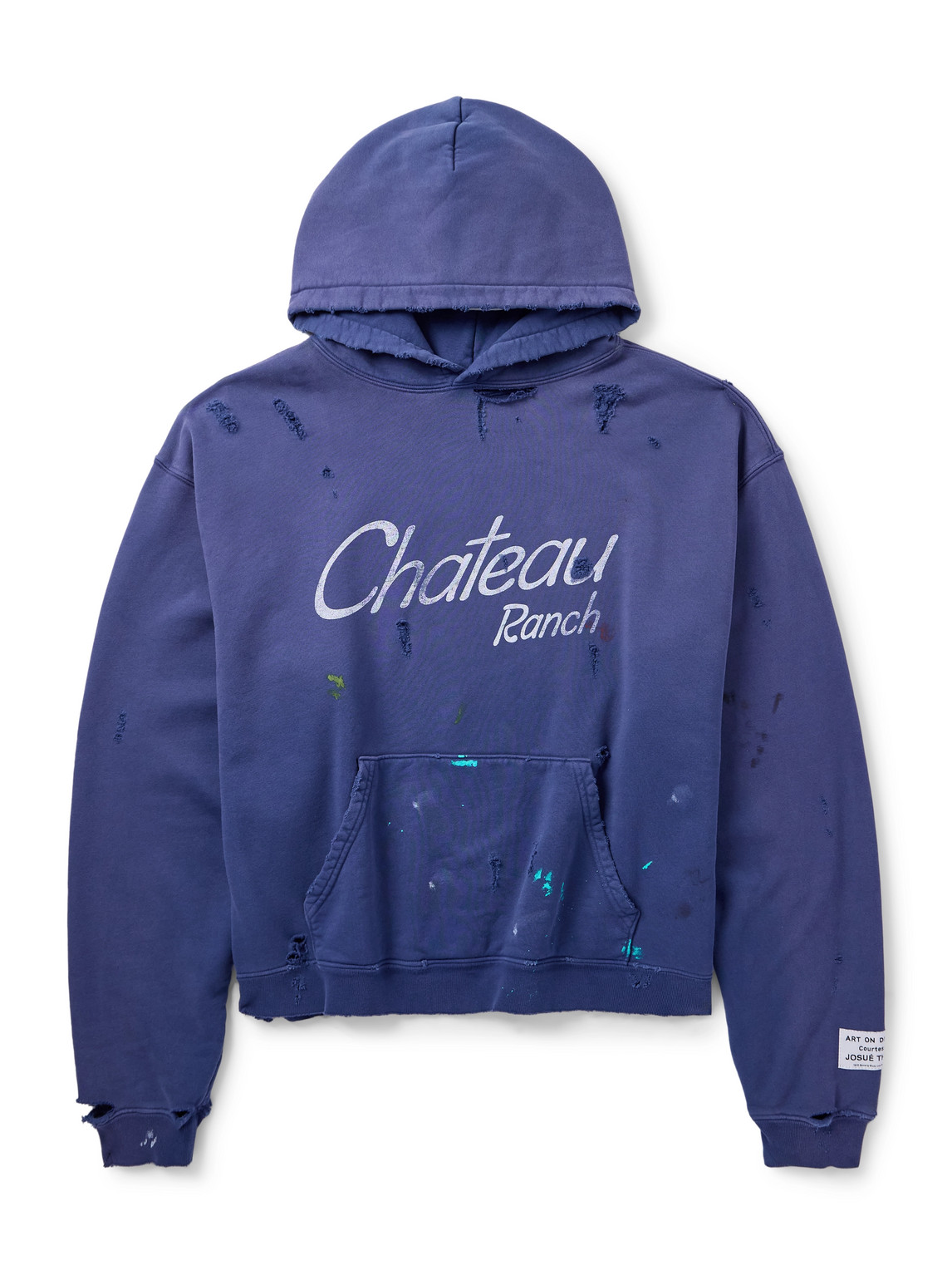 Gallery Dept. Chateau Ranch Distressed Paint-splattered Logo-print Supima Cotton-jersey Hoodie In Blue
