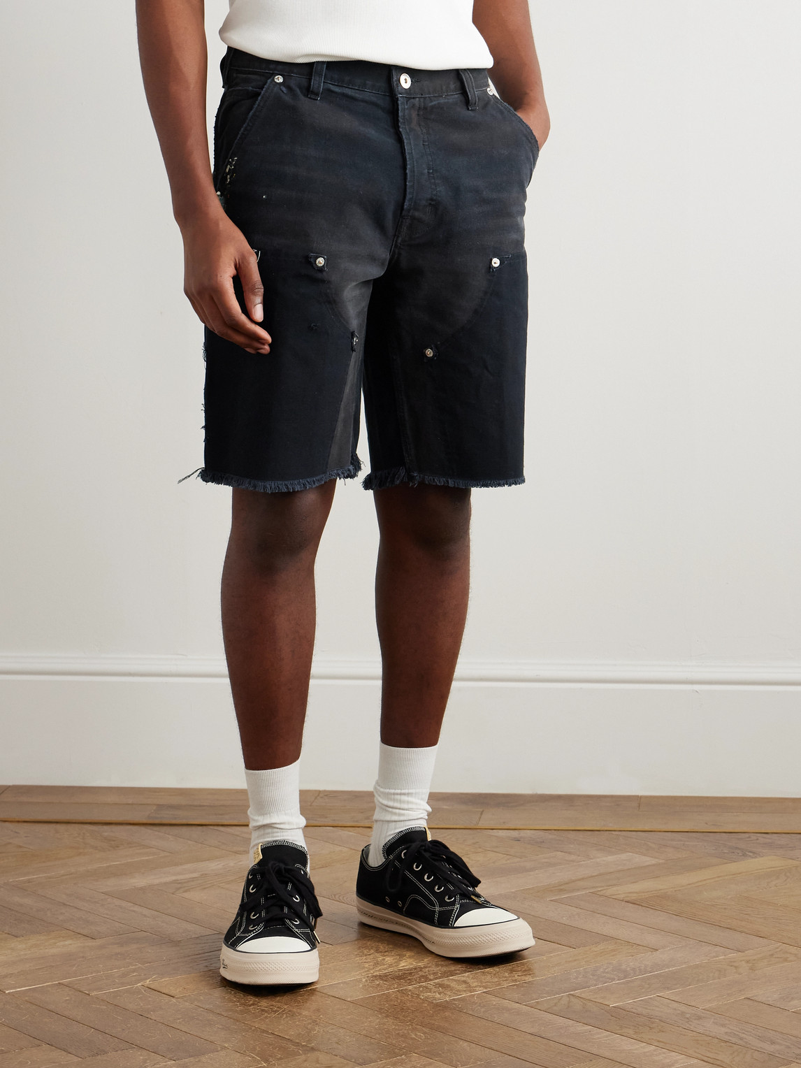 Gallery Dept. Straight-leg Paint-splattered Cotton-canvas Shorts In Black