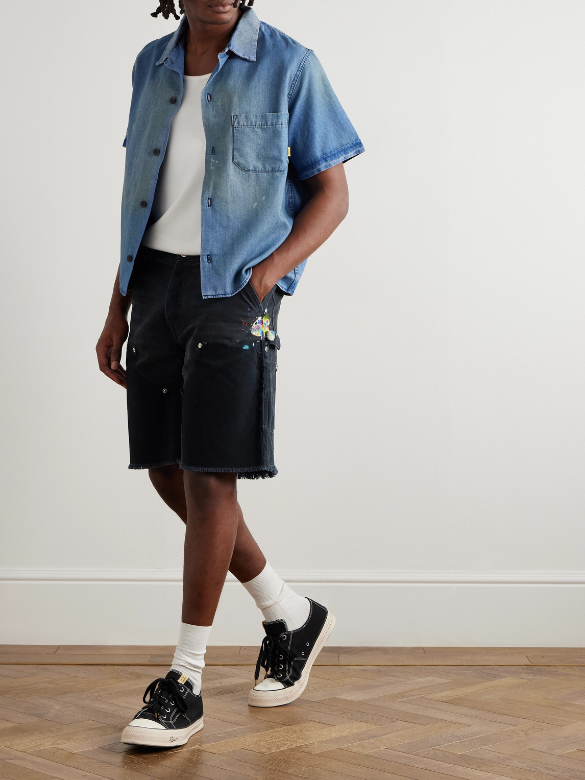 Gallery Dept. Straight-leg Paint-splattered Cotton-canvas Shorts In Black