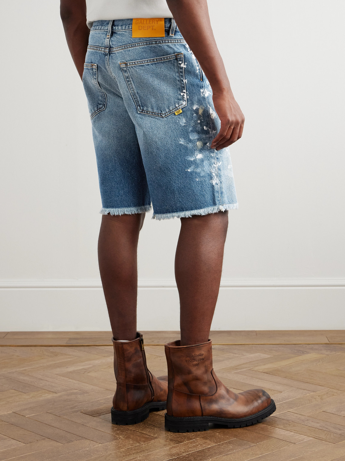 Gallery Dept. Ventura Straight-leg Distressed Paint-splattered Denim Shorts In Blue
