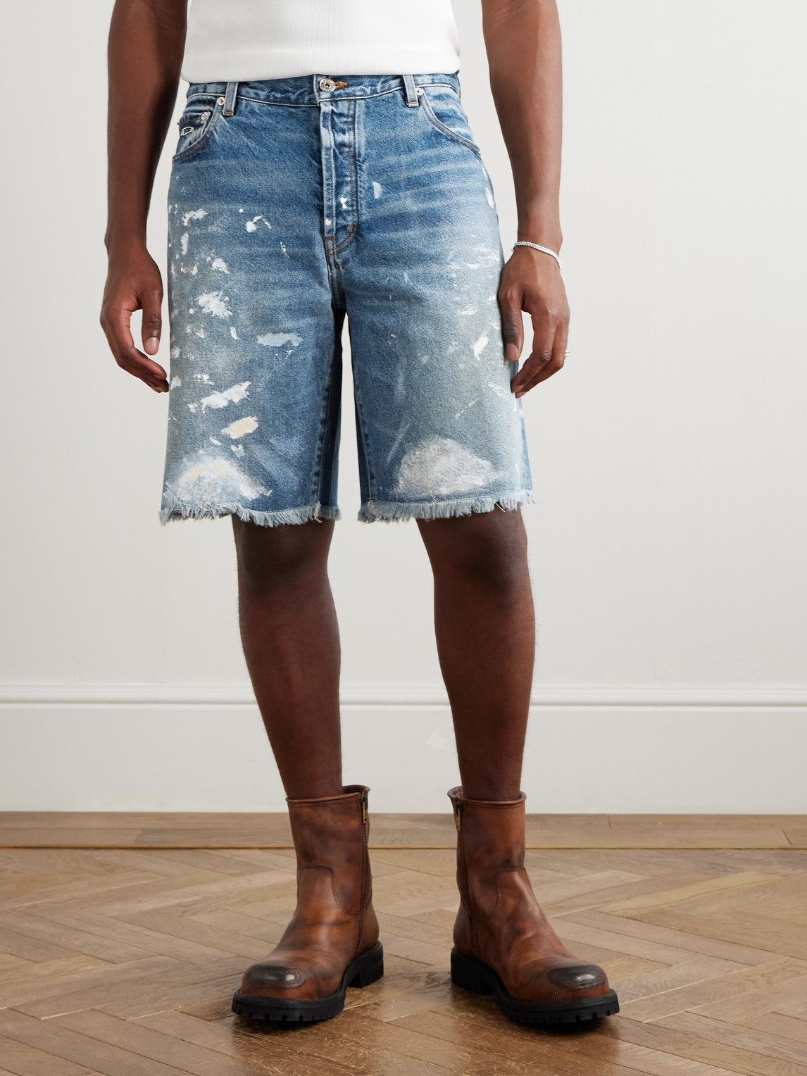 Gallery Dept. Ventura Straight-leg Distressed Paint-splattered Denim Shorts In Blue
