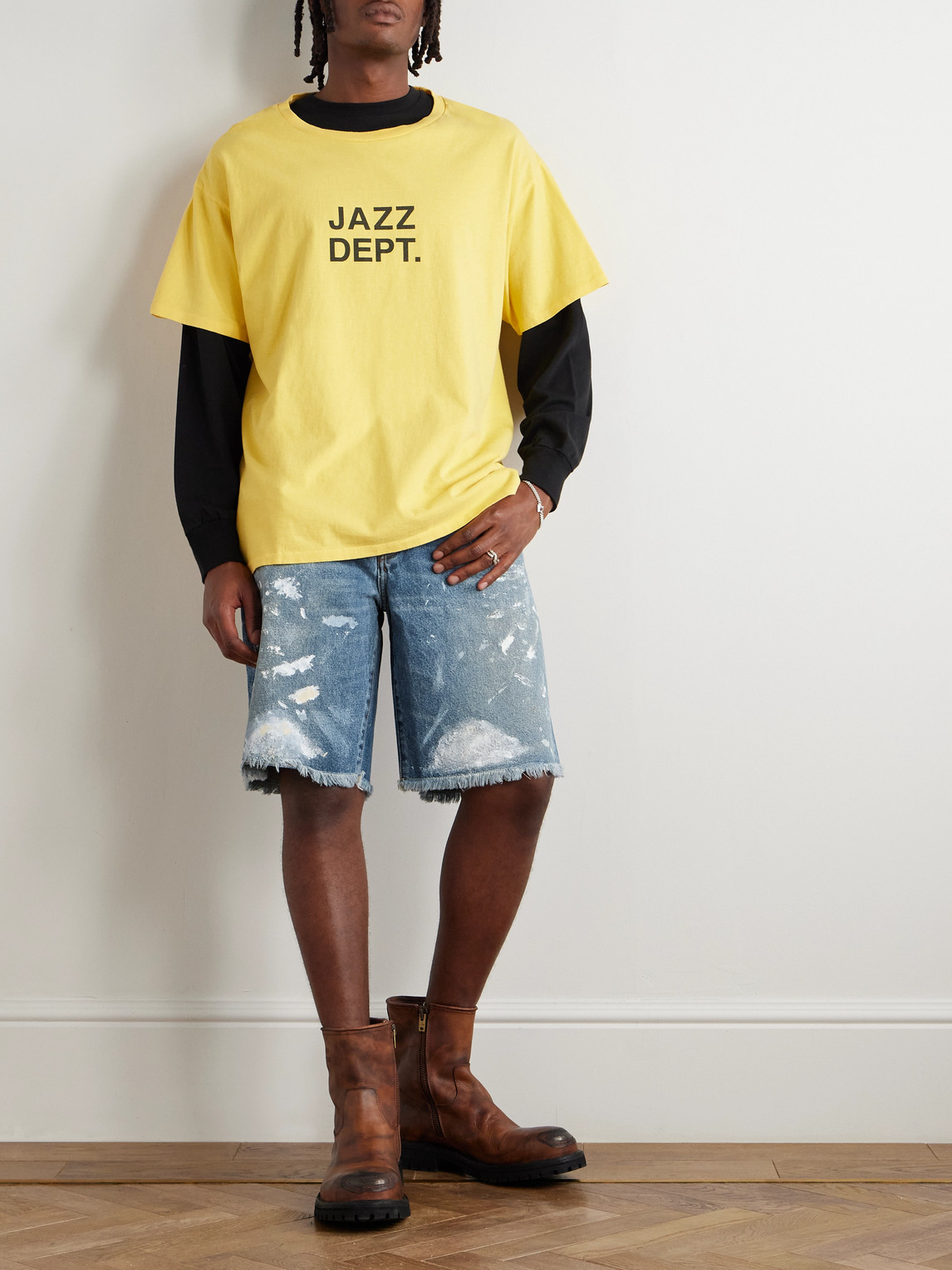 Gallery Dept. Ventura Straight-leg Distressed Paint-splattered Denim Shorts In Blue