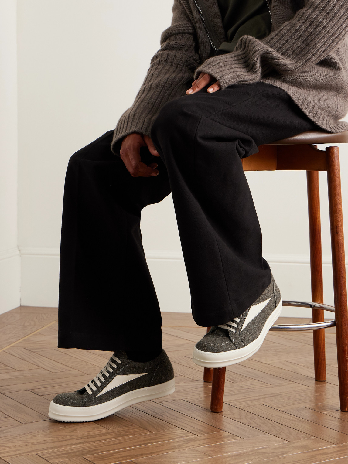 Rick Owens Vintage Leather-trimmed Brushed-wool Sneakers In Green