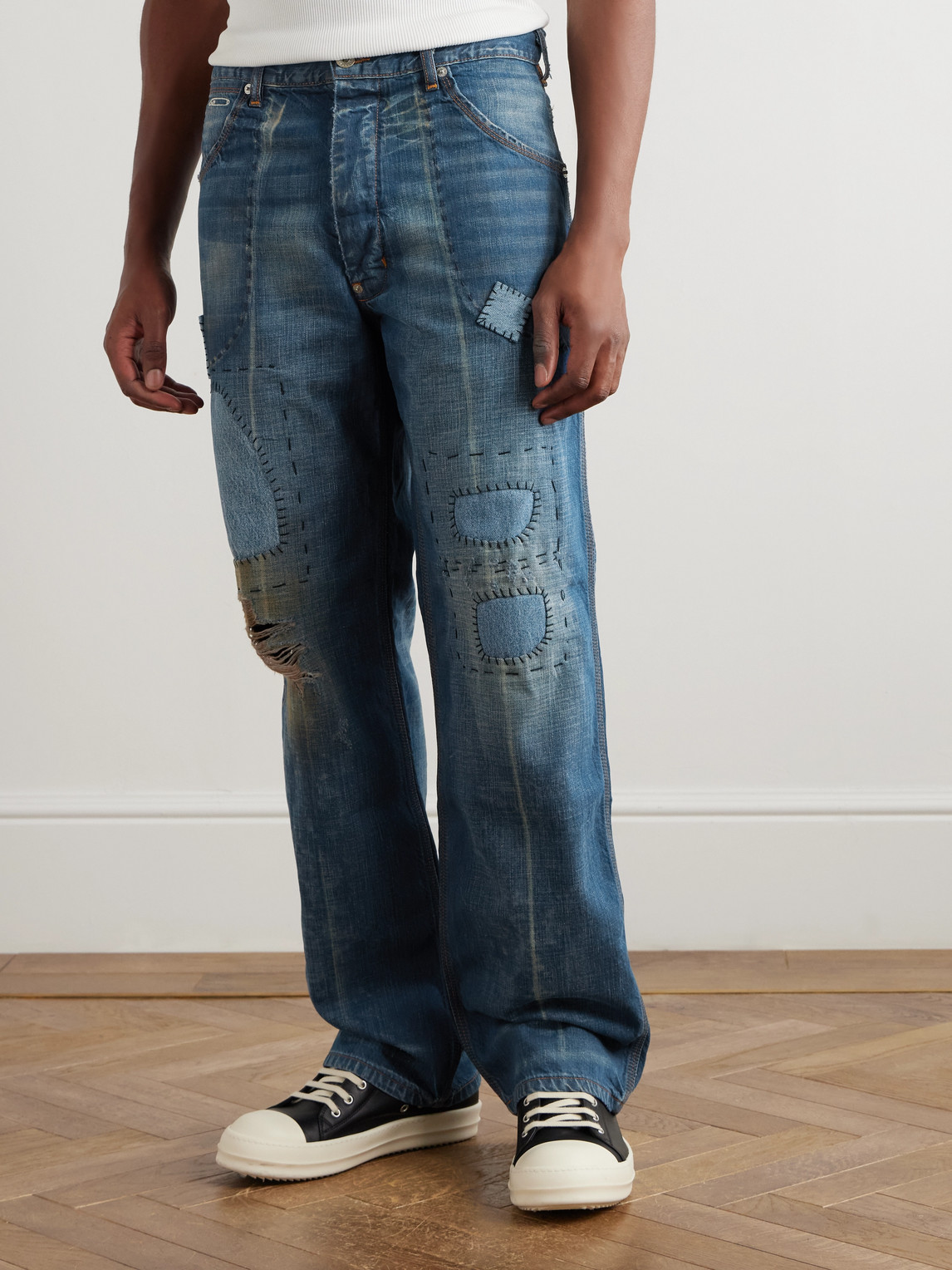 Gallery Dept. Bare Knuckle Straight-leg Distressed Patchwork Jeans In Blue