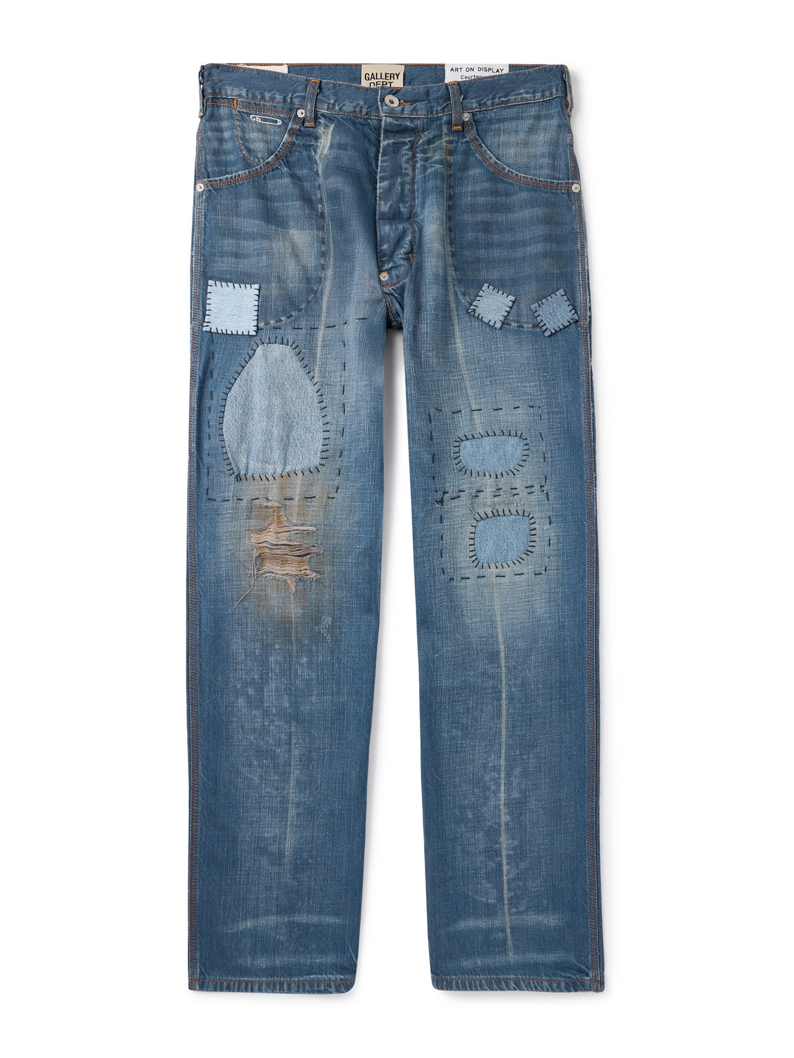 Gallery Dept. Bare Knuckle Straight-leg Distressed Patchwork Jeans In Blue