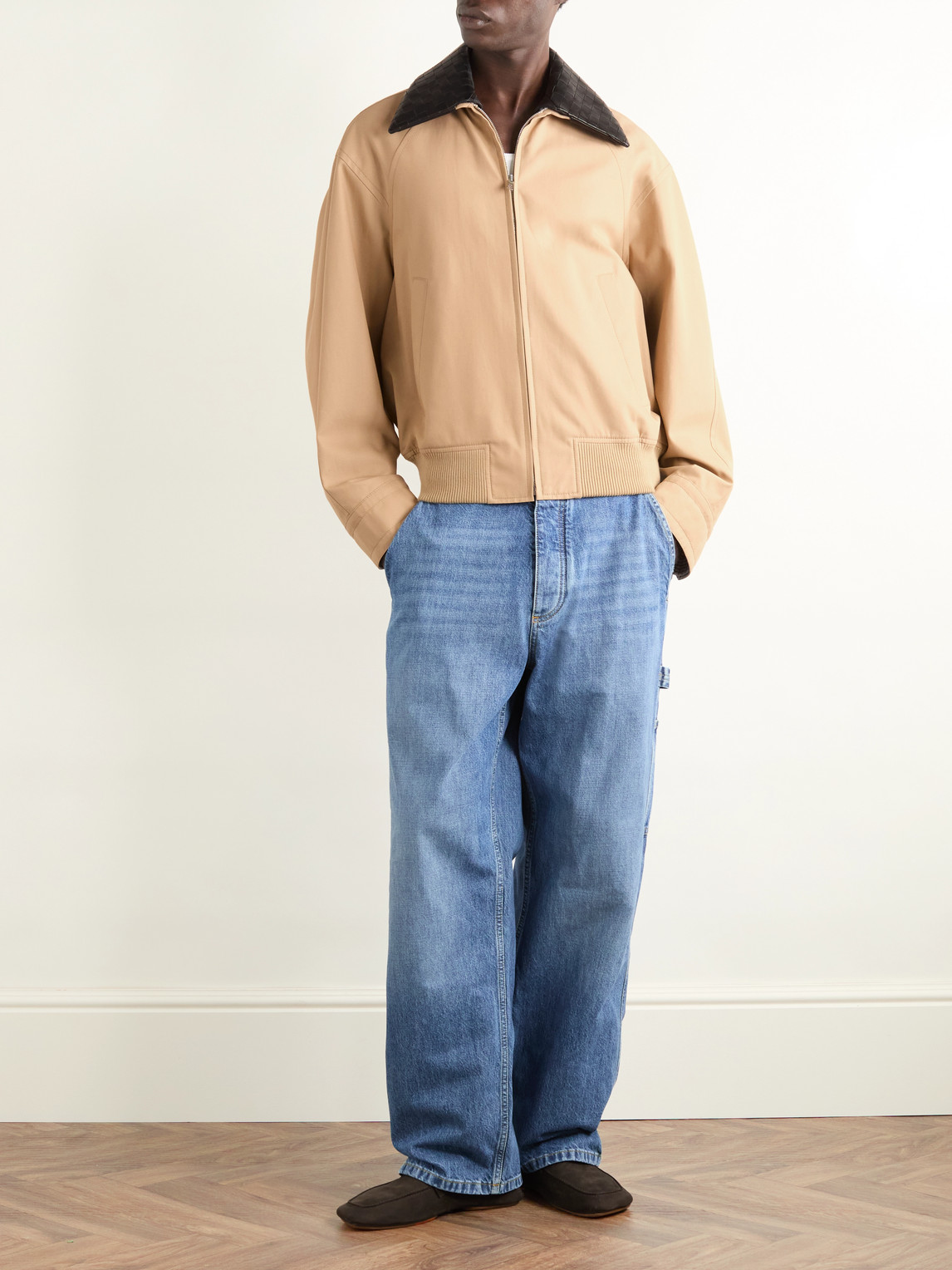 Shop Bottega Veneta Intrecciato Leather-trimmed Cotton-twill Blouson In Brown